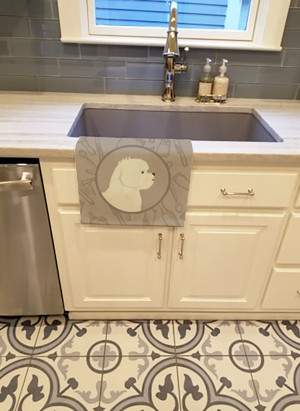 Bichon Frise In the Kitchen Kitchen Towel Velour Plush Front and Cotton Loop Back Machine Washable