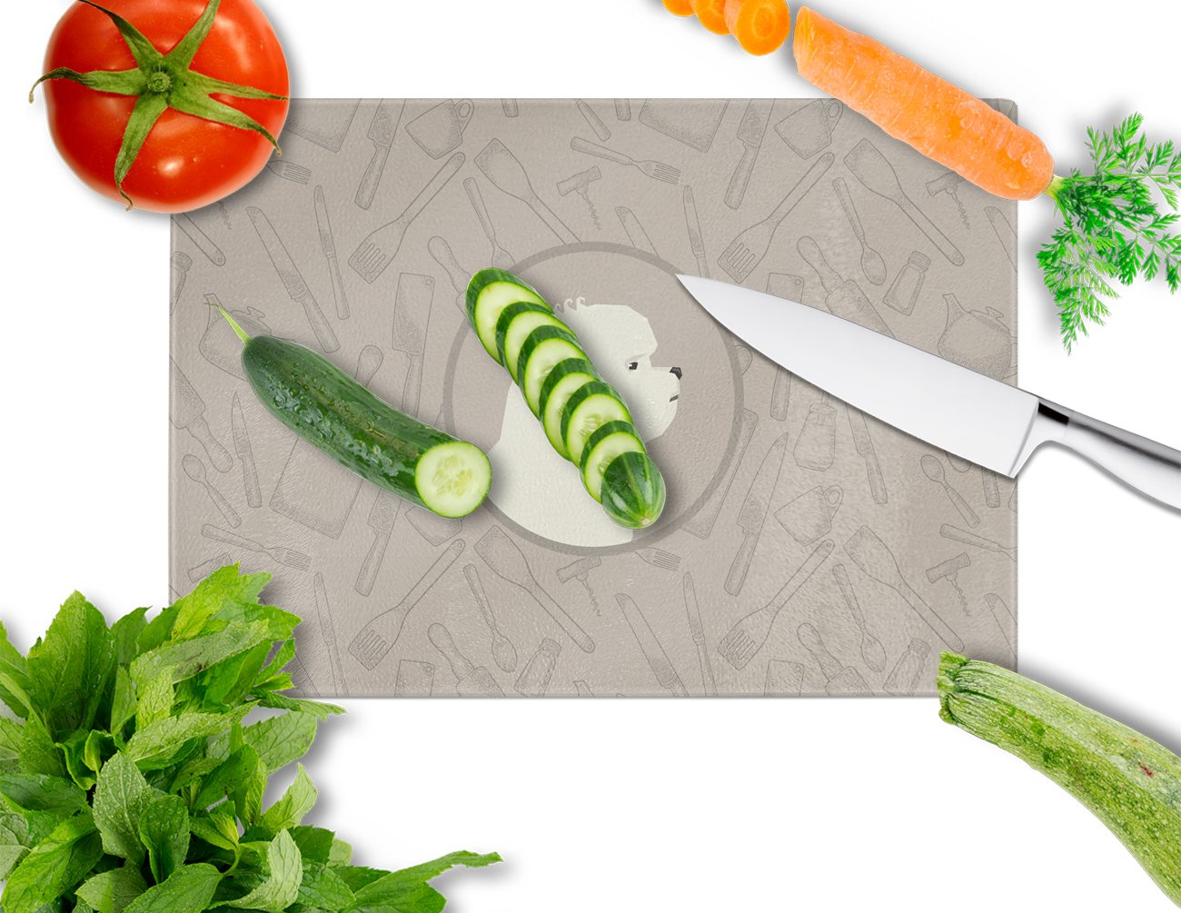Bichon Frise In the Kitchen Cutting Board Tempered Glass Kitchen Cutting Surface, Heat Resistant Chopping, Non-Slip Feet, Food Prep & Serving