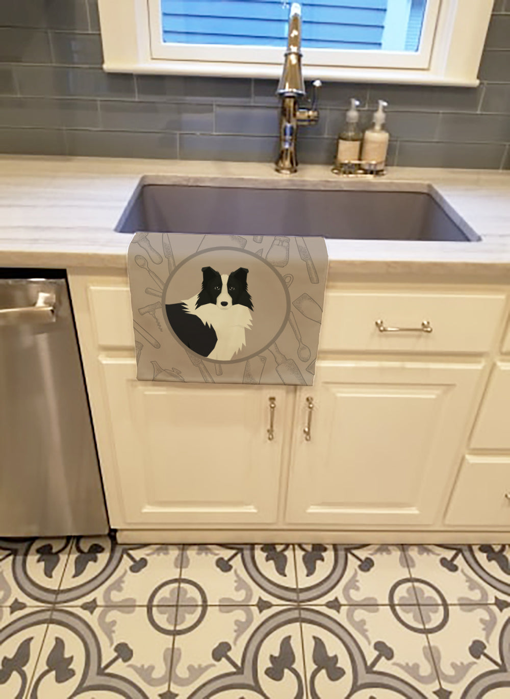 Border Collie In the Kitchen Kitchen Towel Velour Plush Front and Cotton Loop Back Machine Washable