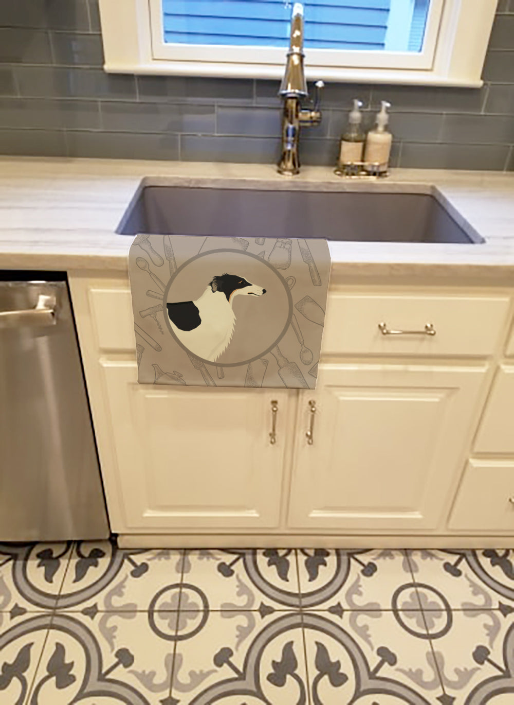 Borzoi In the Kitchen Kitchen Towel Velour Plush Front and Cotton Loop Back Machine Washable