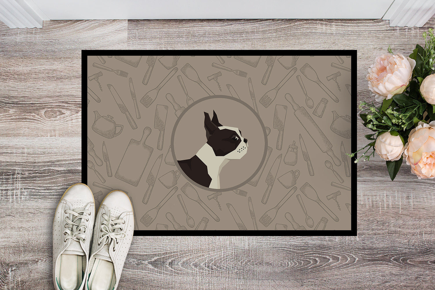 Boston Terrier In the Kitchen Doormat Indoor Outdoor 24H X 36W Front Door Mat Rugs for Entryway, Non Slip Washable Low Pile,