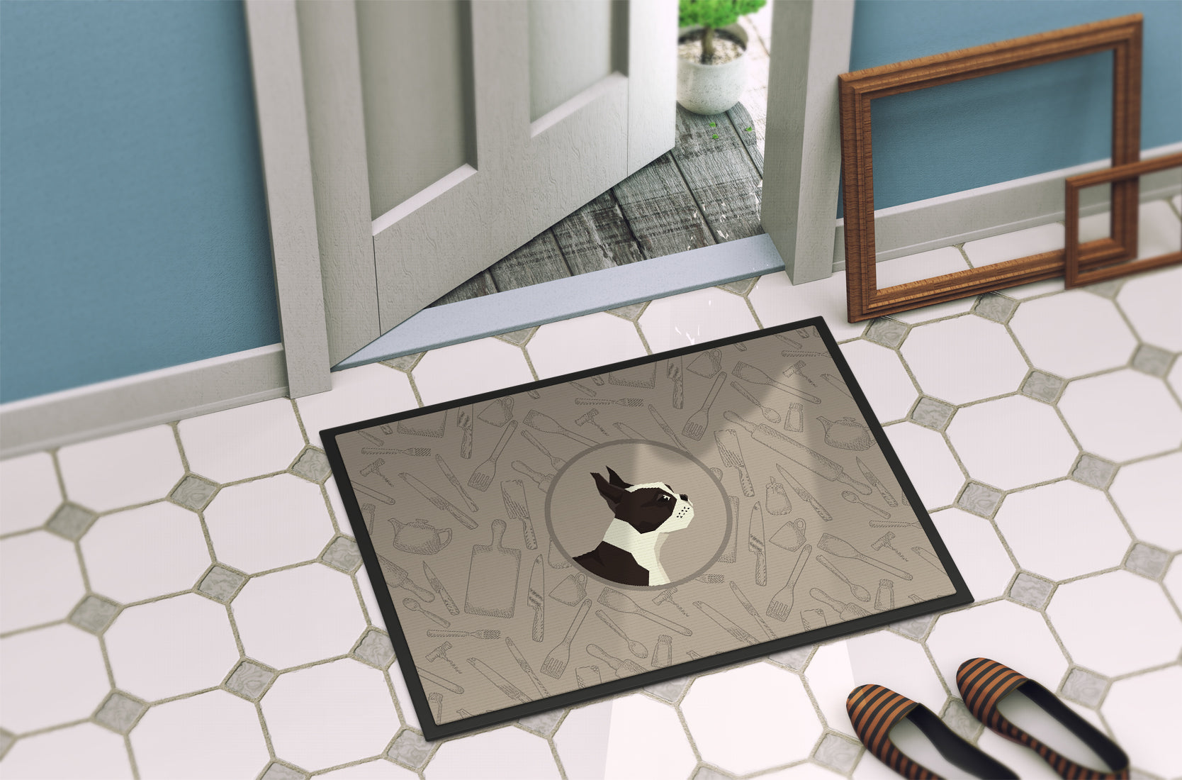 Boston Terrier In the Kitchen Doormat Indoor Outdoor 24H X 36W Front Door Mat Rugs for Entryway, Non Slip Washable Low Pile,