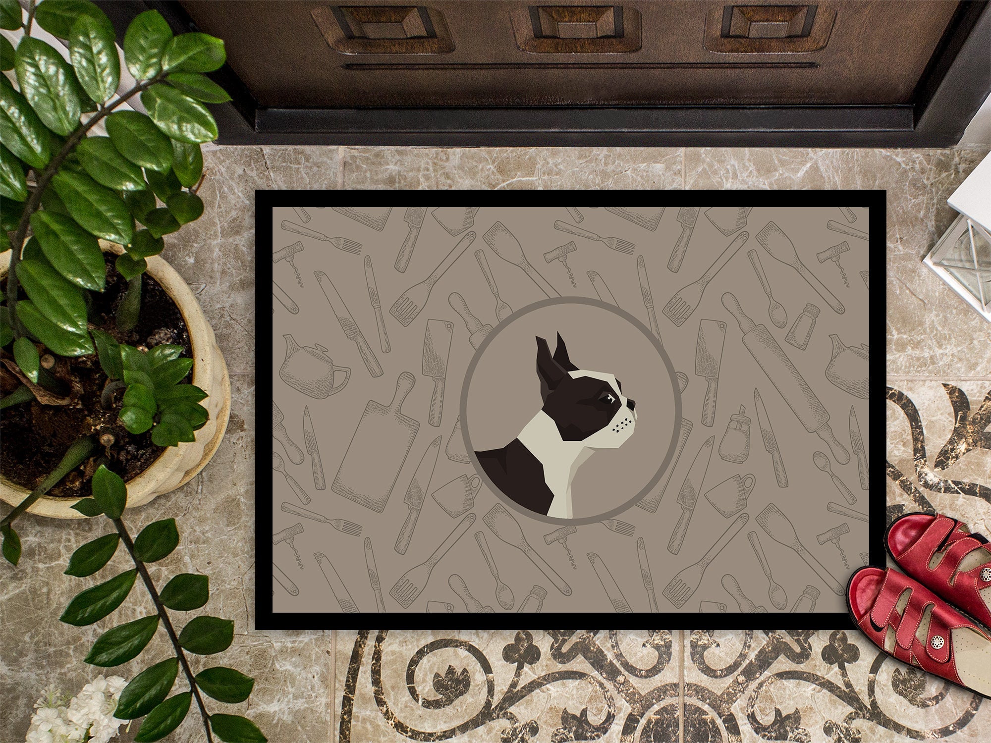Boston Terrier In the Kitchen Doormat Indoor Outdoor 18H X 27W Front Door Mat Rugs for Entryway, Non Slip Washable