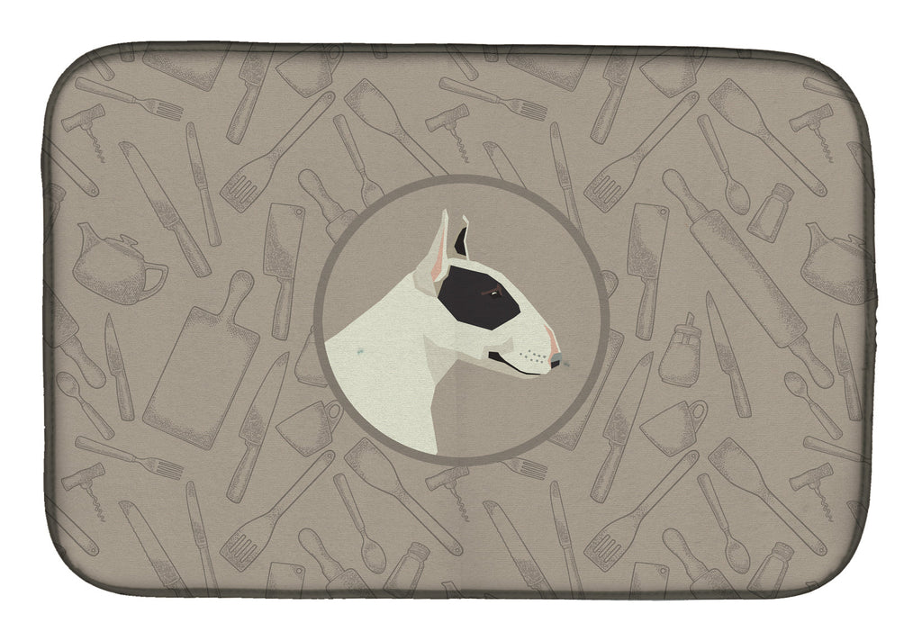 Black and White Bull Terrier In the Kitchen Dish Drying Mat Absorbent Dish Drying Mat Pad for Kitchen Counter Dish Drainer Mat for Countertop, 14 x 21", Multicolor
