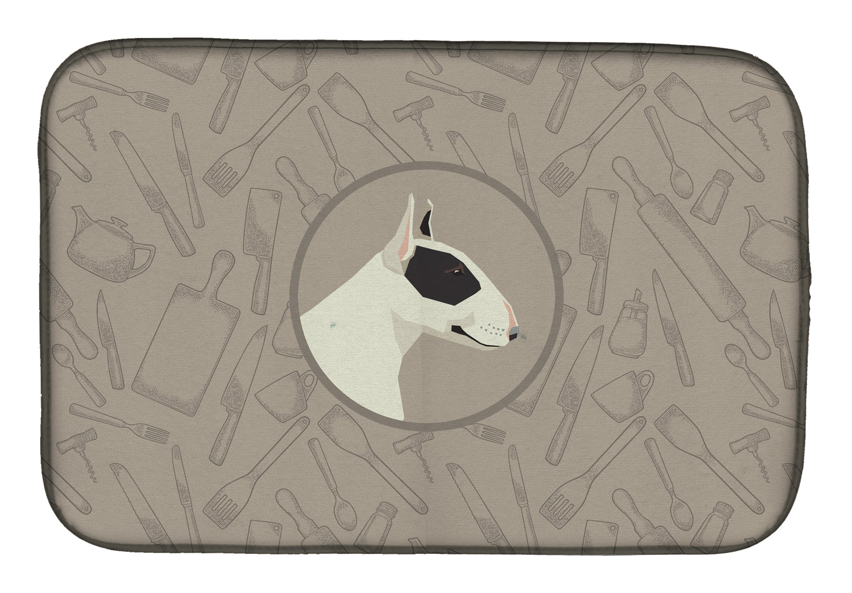 Black and White Bull Terrier In the Kitchen Dish Drying Mat Absorbent Dish Drying Mat Pad for Kitchen Counter Dish Drainer Mat for Countertop, 14 x 21", Multicolor