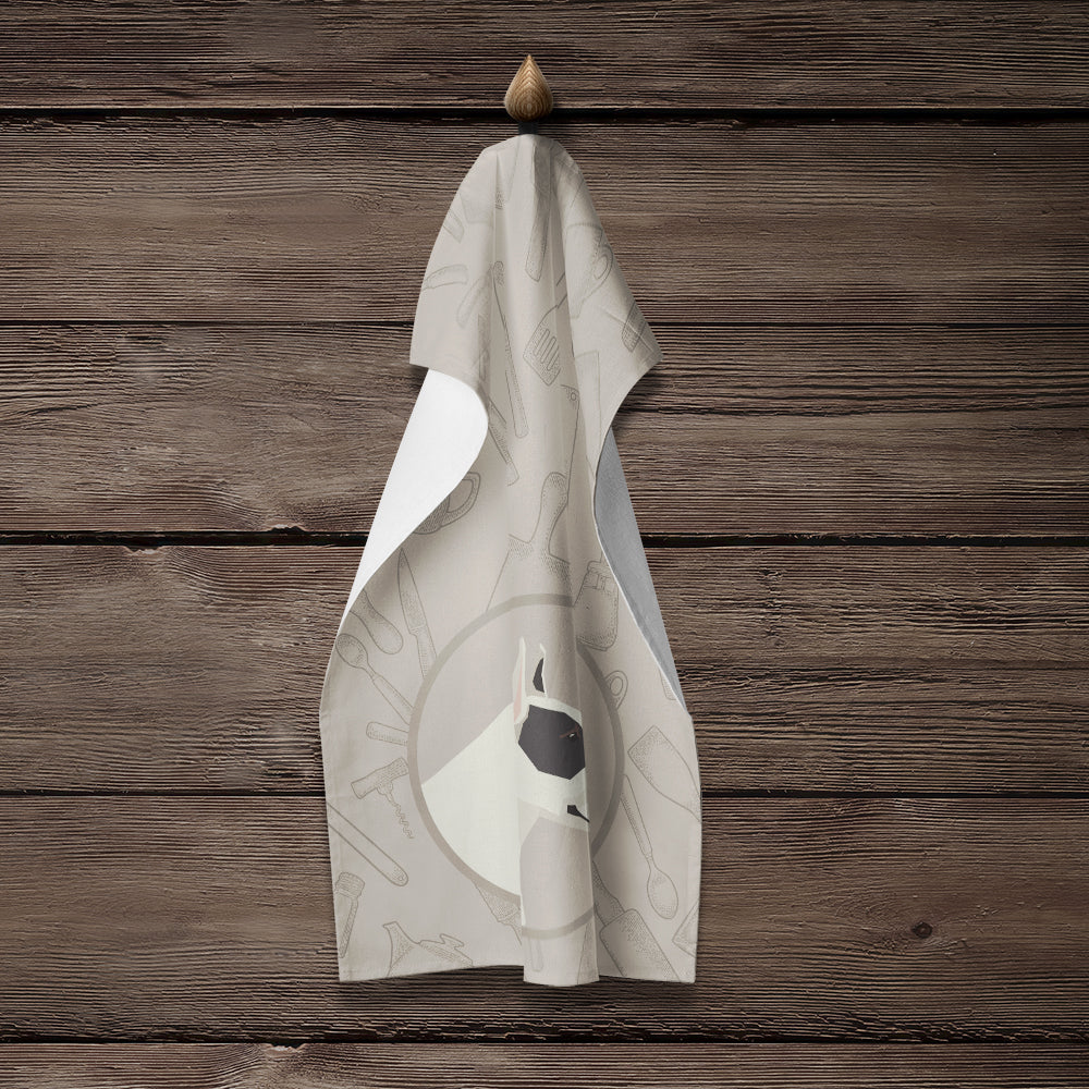 Black and White Bull Terrier In the Kitchen Kitchen Towel Velour Plush Front and Cotton Loop Back Machine Washable