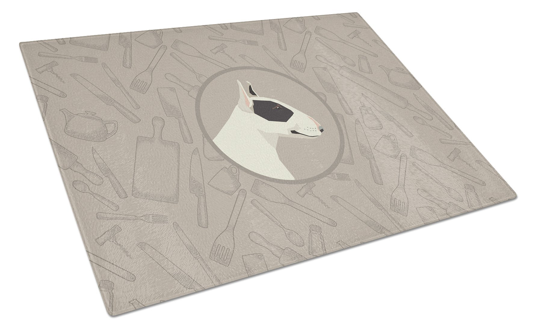 Black and White Bull Terrier In the Kitchen Cutting Board Tempered Glass Kitchen Cutting Surface, Heat Resistant Chopping, Non-Slip Feet, Food Prep & Serving