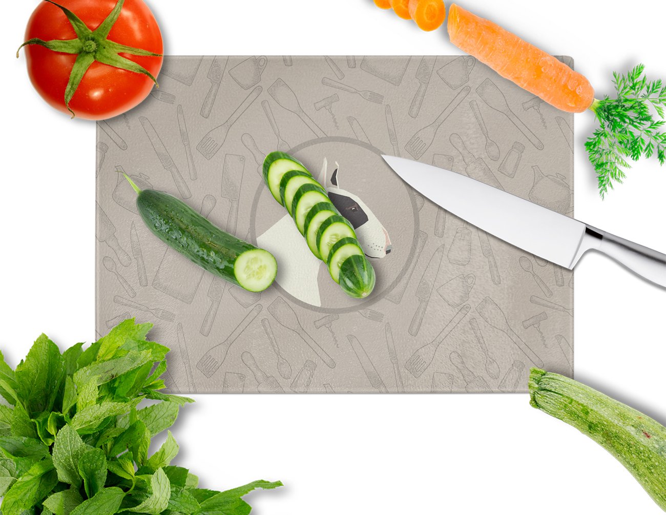 Black and White Bull Terrier In the Kitchen Cutting Board Tempered Glass Kitchen Cutting Surface, Heat Resistant Chopping, Non-Slip Feet, Food Prep & Serving