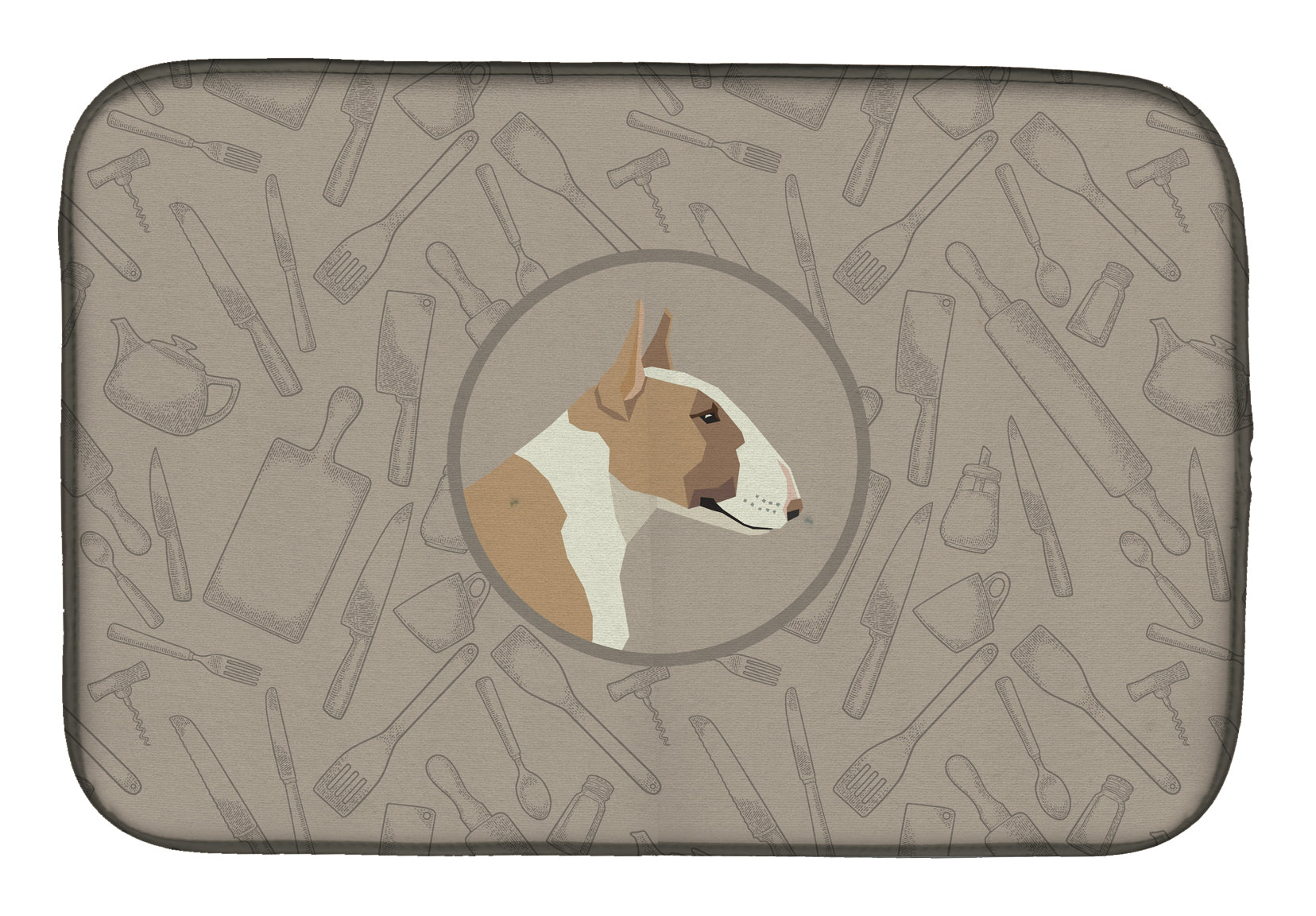 Fawn and White Bull Terrier In the Kitchen Dish Drying Mat Absorbent Dish Drying Mat Pad for Kitchen Counter Dish Drainer Mat for Countertop, 14 x 21", Multicolor