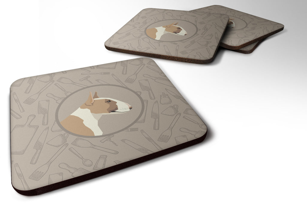 Fawn and White Bull Terrier In the Kitchen Foam Coasters Set of 4 Cup Coasters for Indoor Outdoor, Tabletop Protection, Anti Slip, Mouse pad Material