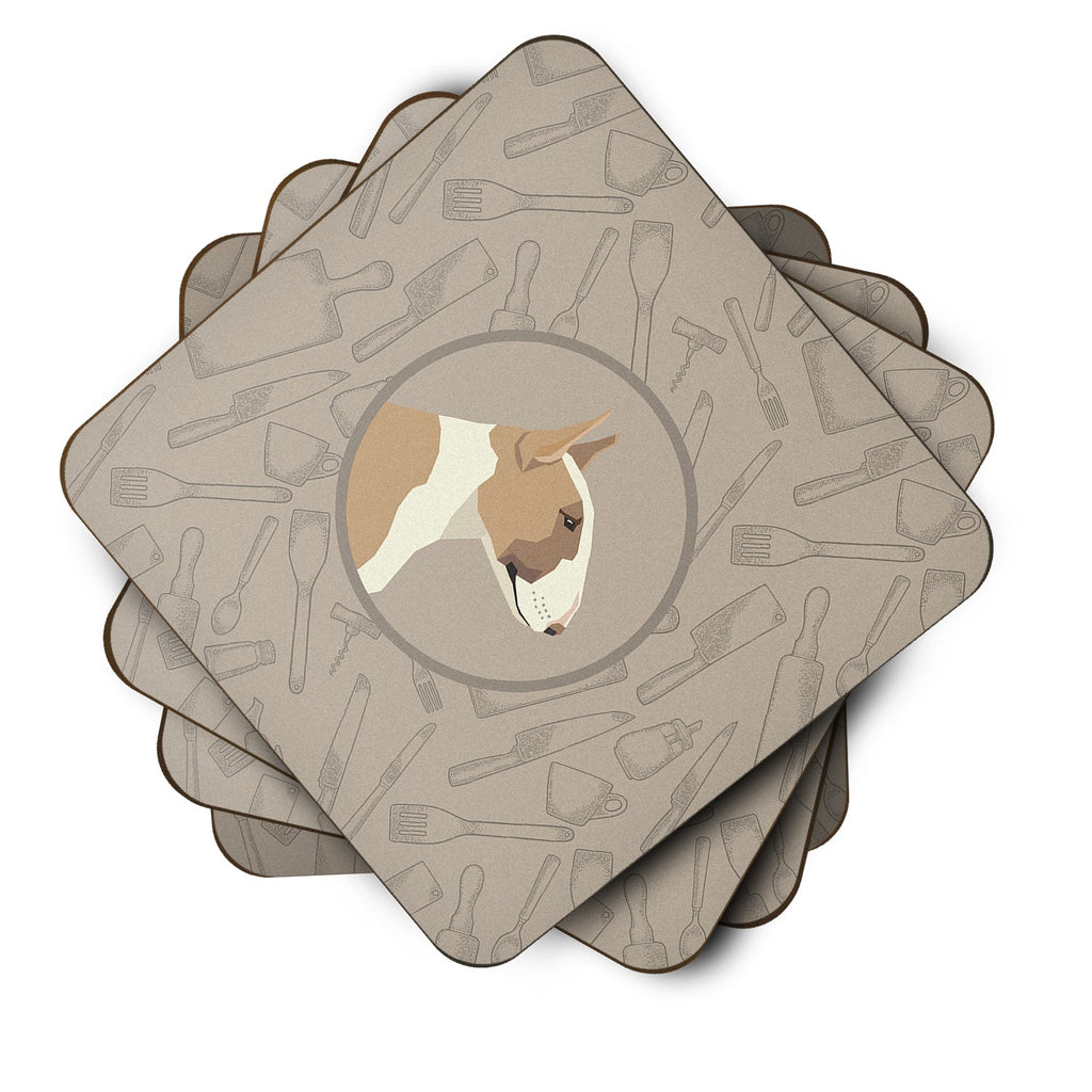 Fawn and White Bull Terrier In the Kitchen Foam Coasters Set of 4 Cup Coasters for Indoor Outdoor, Tabletop Protection, Anti Slip, Mouse pad Material