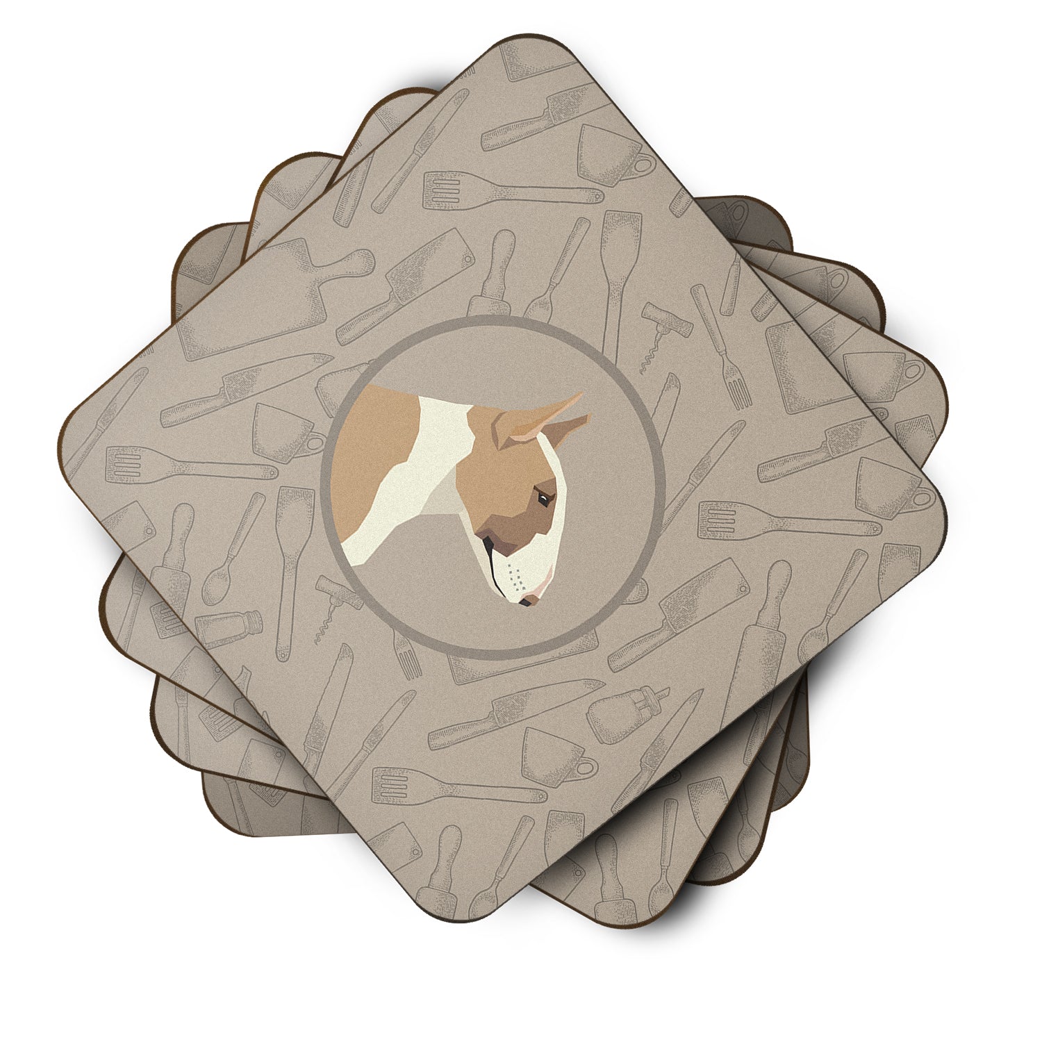 Fawn and White Bull Terrier In the Kitchen Foam Coasters Set of 4 Cup Coasters for Indoor Outdoor, Tabletop Protection, Anti Slip, Mouse pad Material