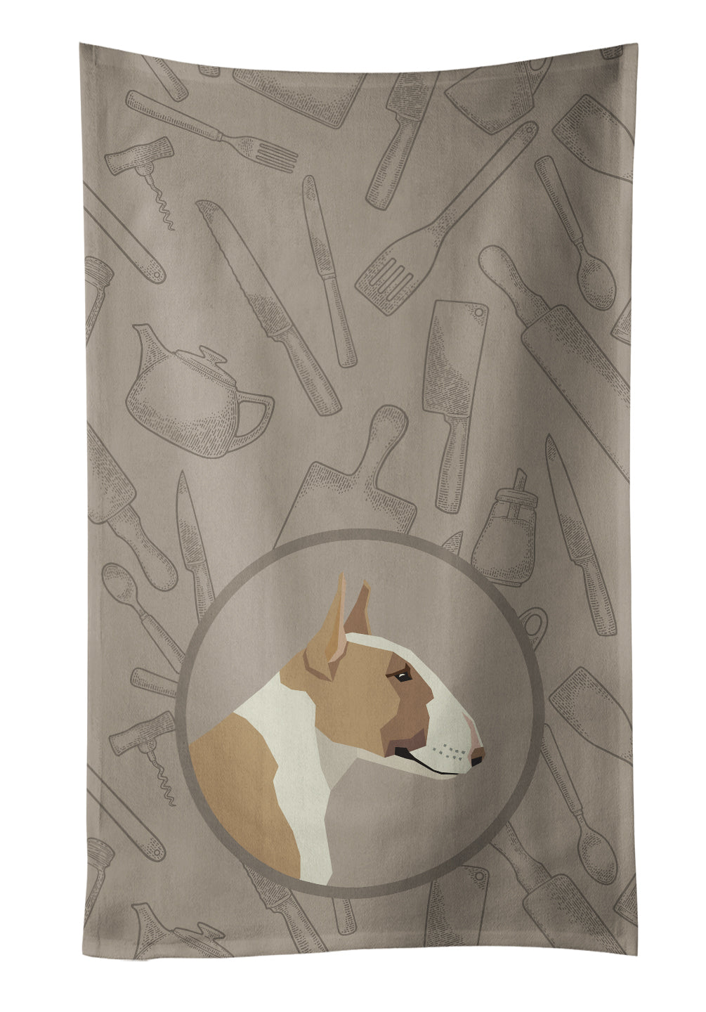 Fawn and White Bull Terrier In the Kitchen Kitchen Towel Velour Plush Front and Cotton Loop Back Machine Washable