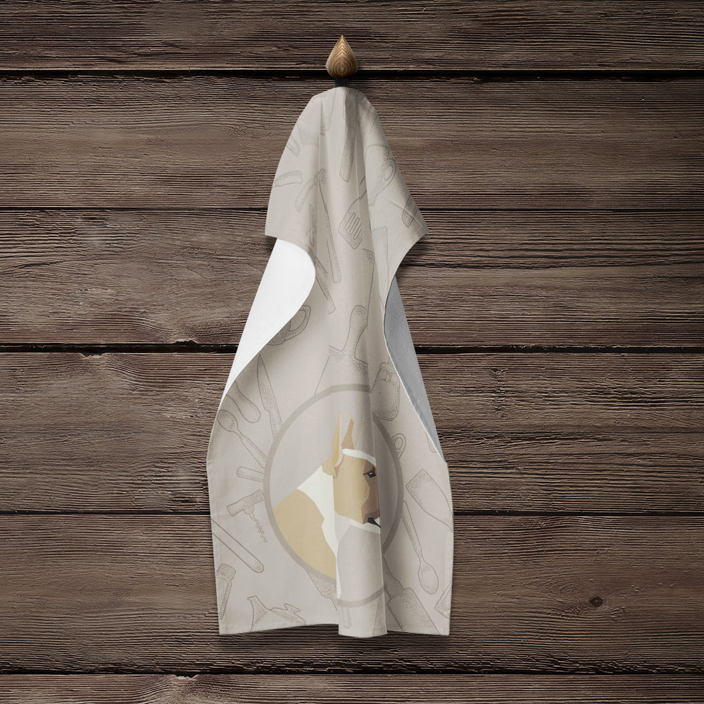 Fawn and White Bull Terrier In the Kitchen Kitchen Towel Velour Plush Front and Cotton Loop Back Machine Washable