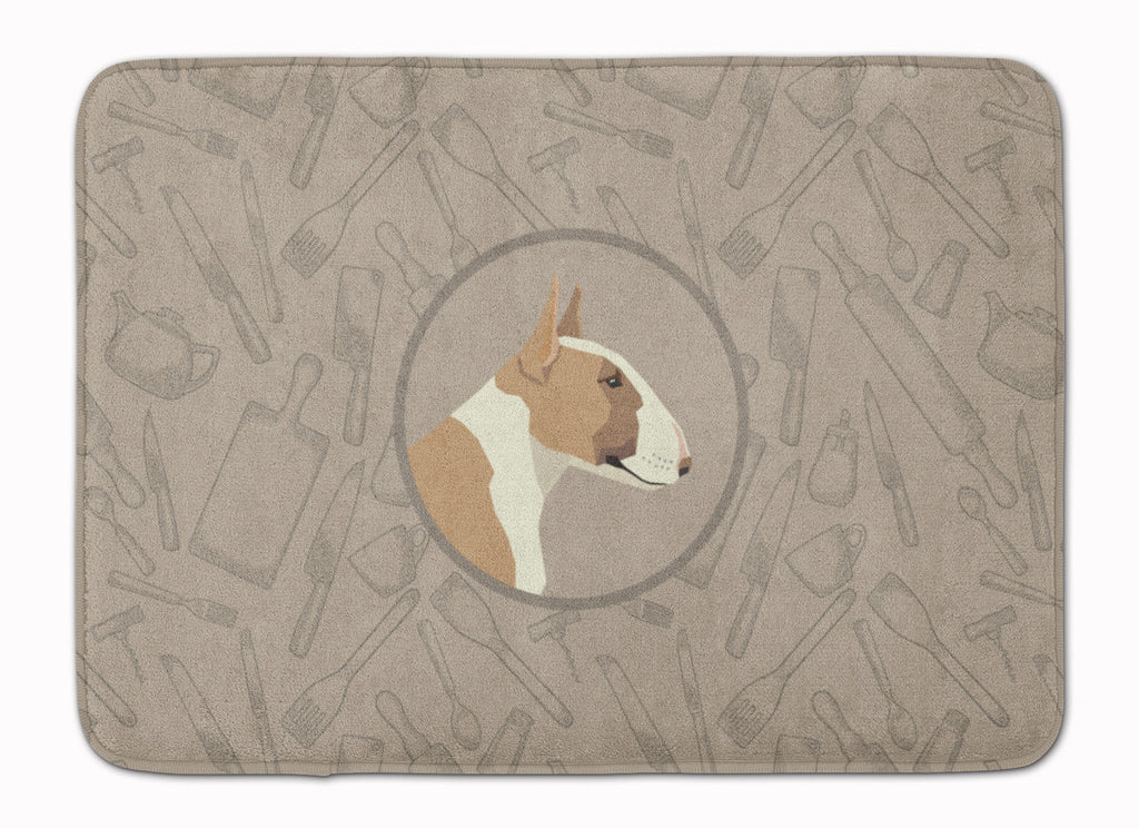 Fawn and White Bull Terrier In the Kitchen Memory Foam Kitchen Mat Machine Washable Anti-Fatigue Cushion Comfort Bath or Kitchen Rug