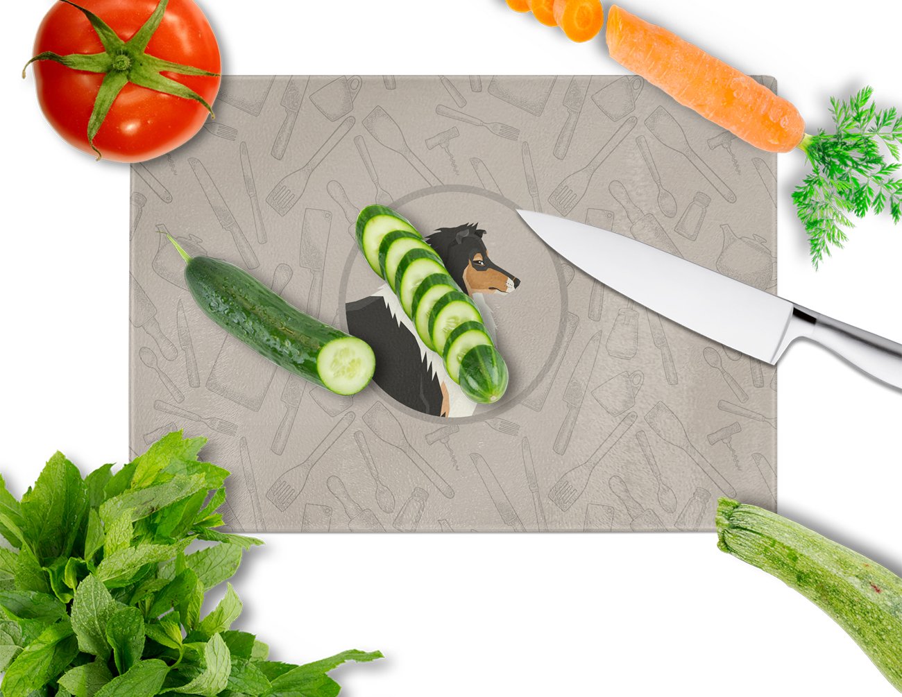 Collie In the Kitchen Cutting Board Tempered Glass Kitchen Cutting Surface, Heat Resistant Chopping, Non-Slip Feet, Food Prep & Serving