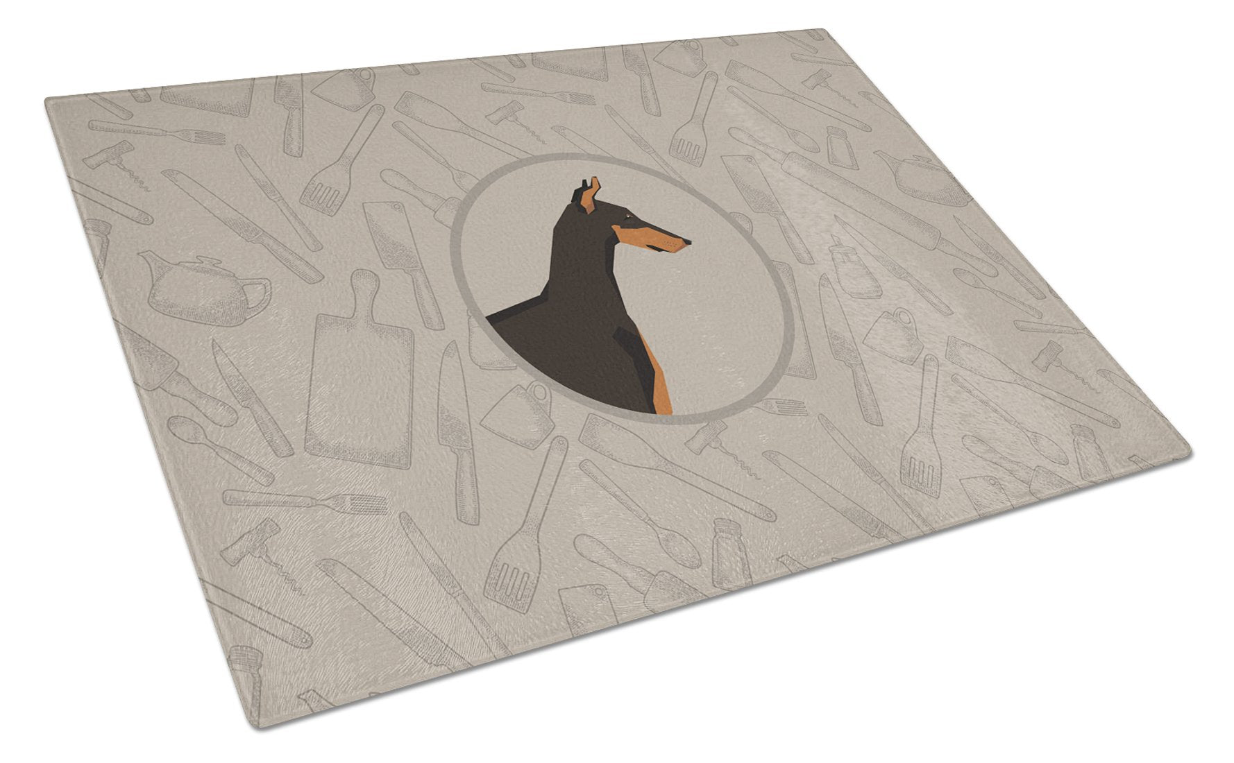 Doberman Pinscher In the Kitchen Cutting Board Tempered Glass Kitchen Cutting Surface, Heat Resistant Chopping, Non-Slip Feet, Food Prep & Serving