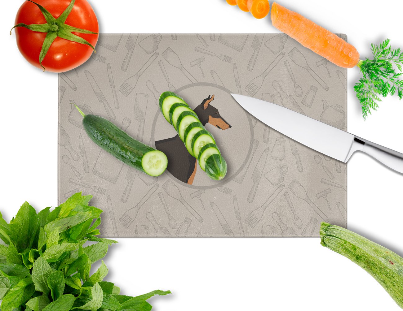 Doberman Pinscher In the Kitchen Cutting Board Tempered Glass Kitchen Cutting Surface, Heat Resistant Chopping, Non-Slip Feet, Food Prep & Serving