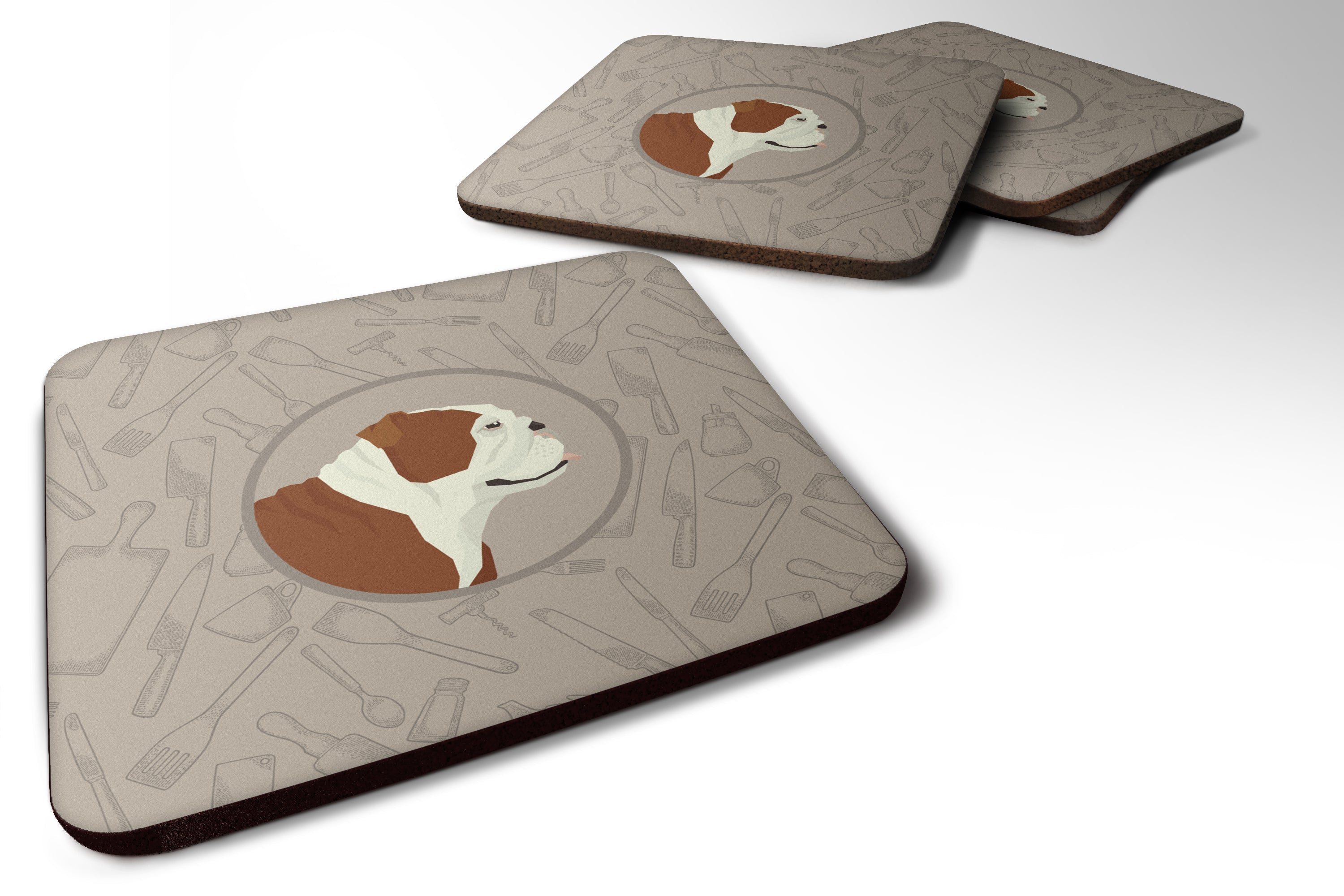 English Bulldog In the Kitchen Foam Coasters Set of 4 Cup Coasters for Indoor Outdoor, Tabletop Protection, Anti Slip, Mouse pad Material