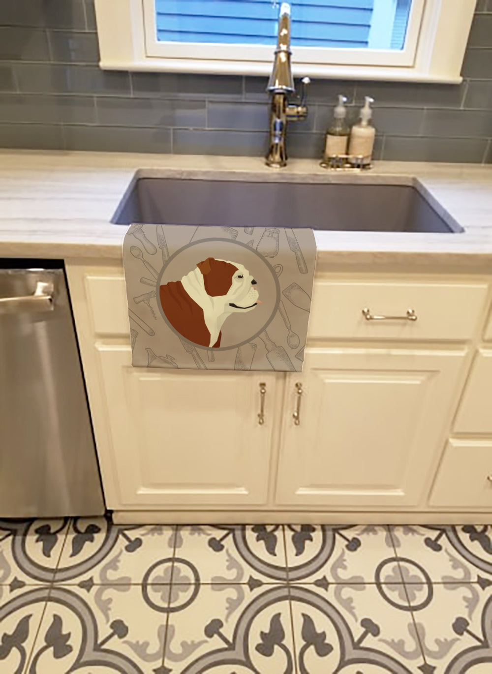 English Bulldog In the Kitchen Kitchen Towel Velour Plush Front and Cotton Loop Back Machine Washable