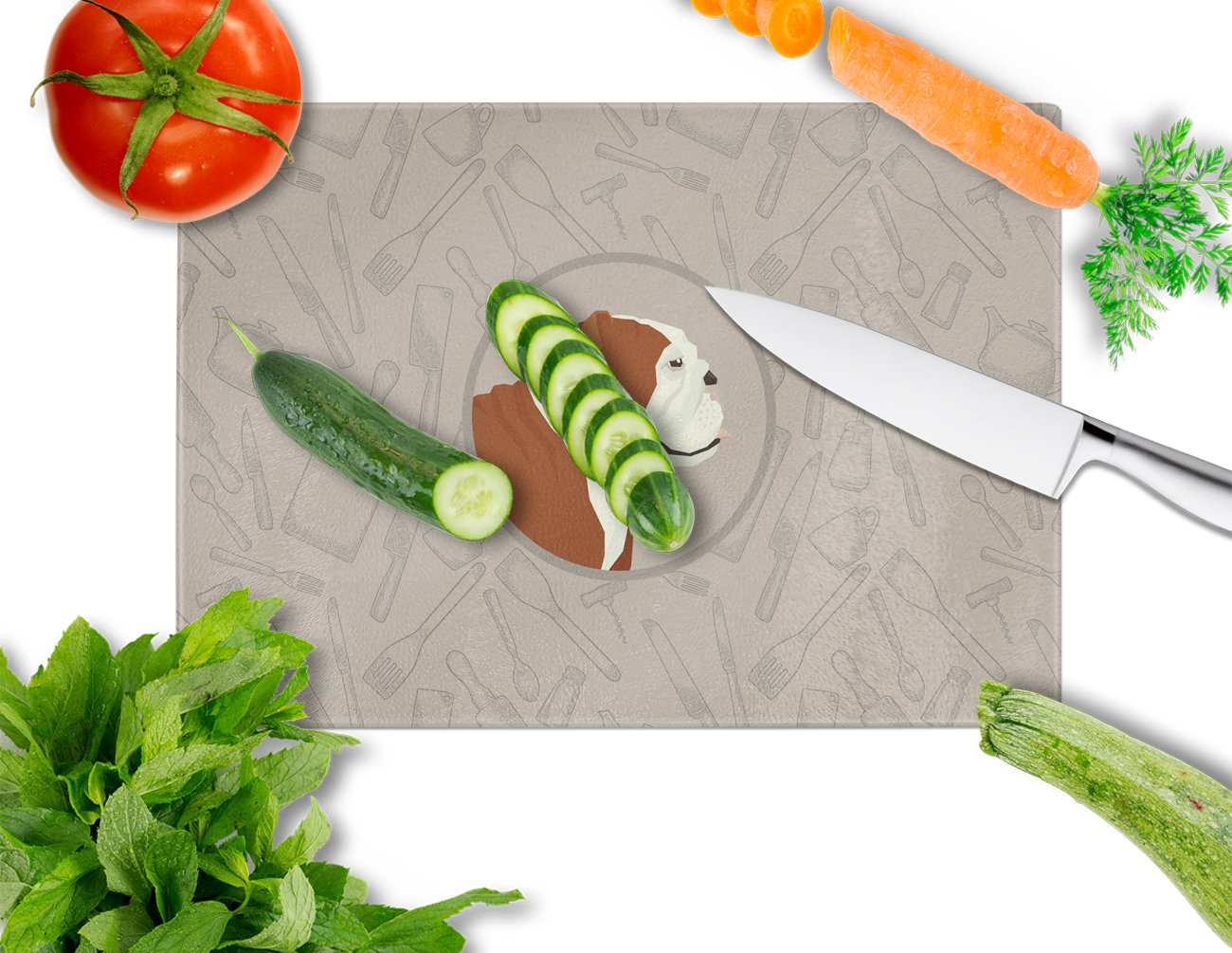 English Bulldog In the Kitchen Cutting Board Tempered Glass Kitchen Cutting Surface, Heat Resistant Chopping, Non-Slip Feet, Food Prep & Serving
