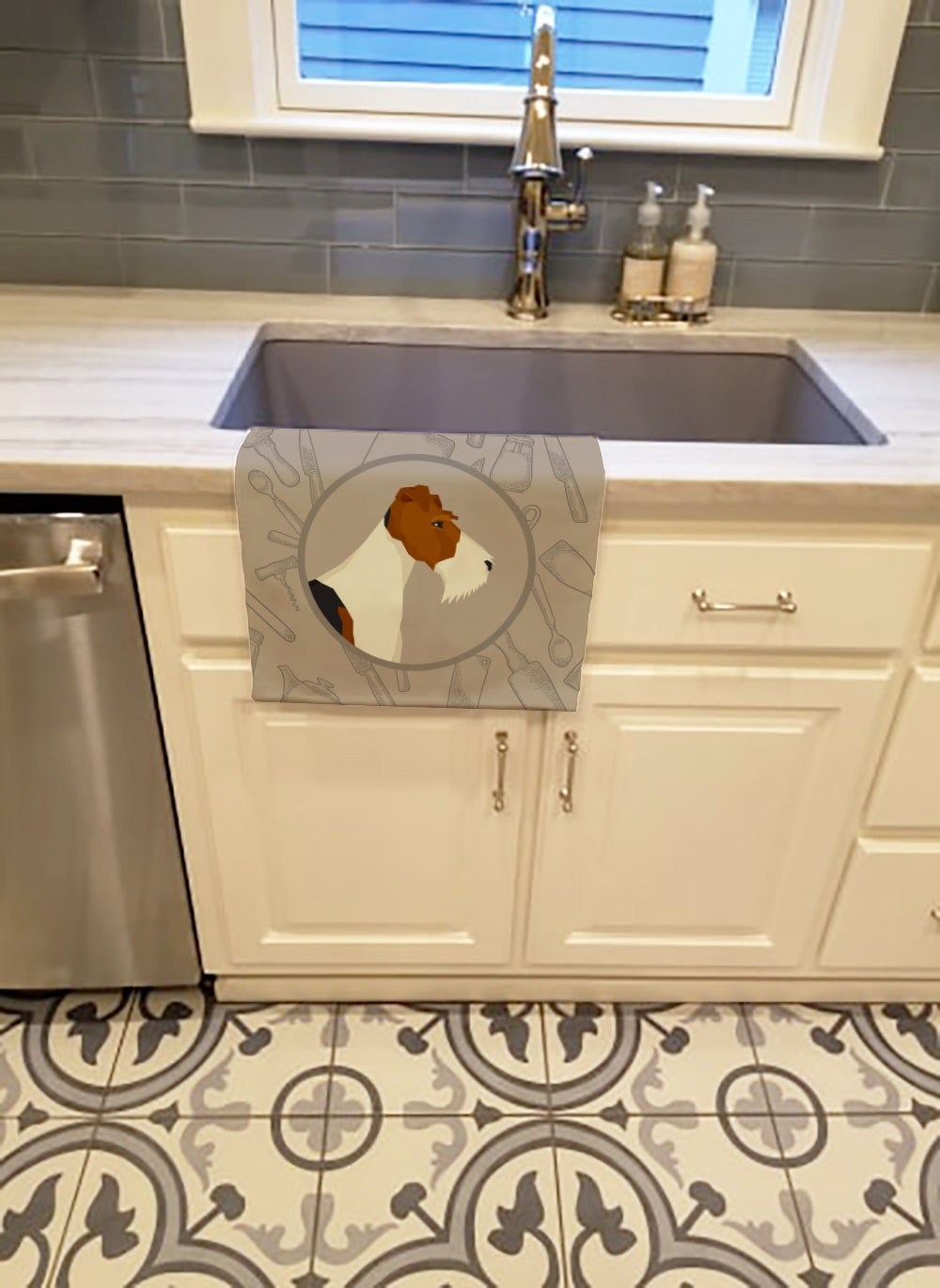Fox Terrier In the Kitchen Kitchen Towel Velour Plush Front and Cotton Loop Back Machine Washable