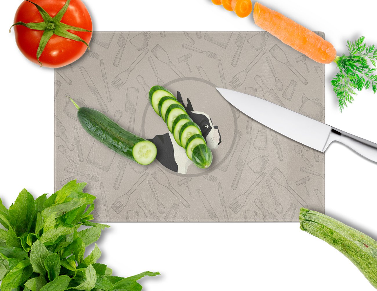 French Bulldog In the Kitchen Cutting Board Tempered Glass Kitchen Cutting Surface, Heat Resistant Chopping, Non-Slip Feet, Food Prep & Serving