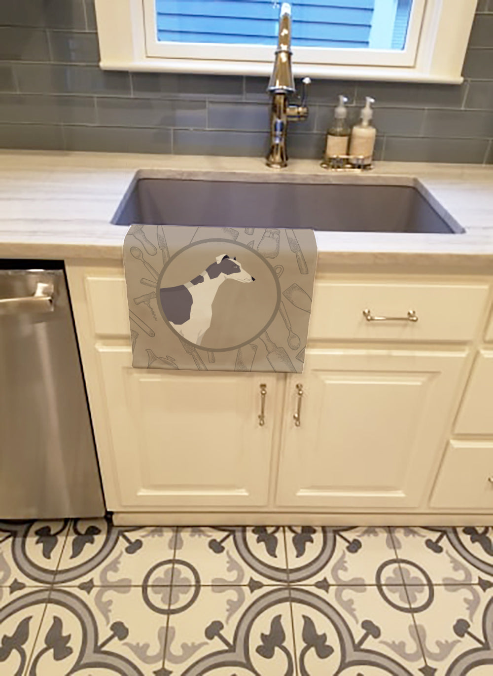 Greyhound In the Kitchen Kitchen Towel Velour Plush Front and Cotton Loop Back Machine Washable