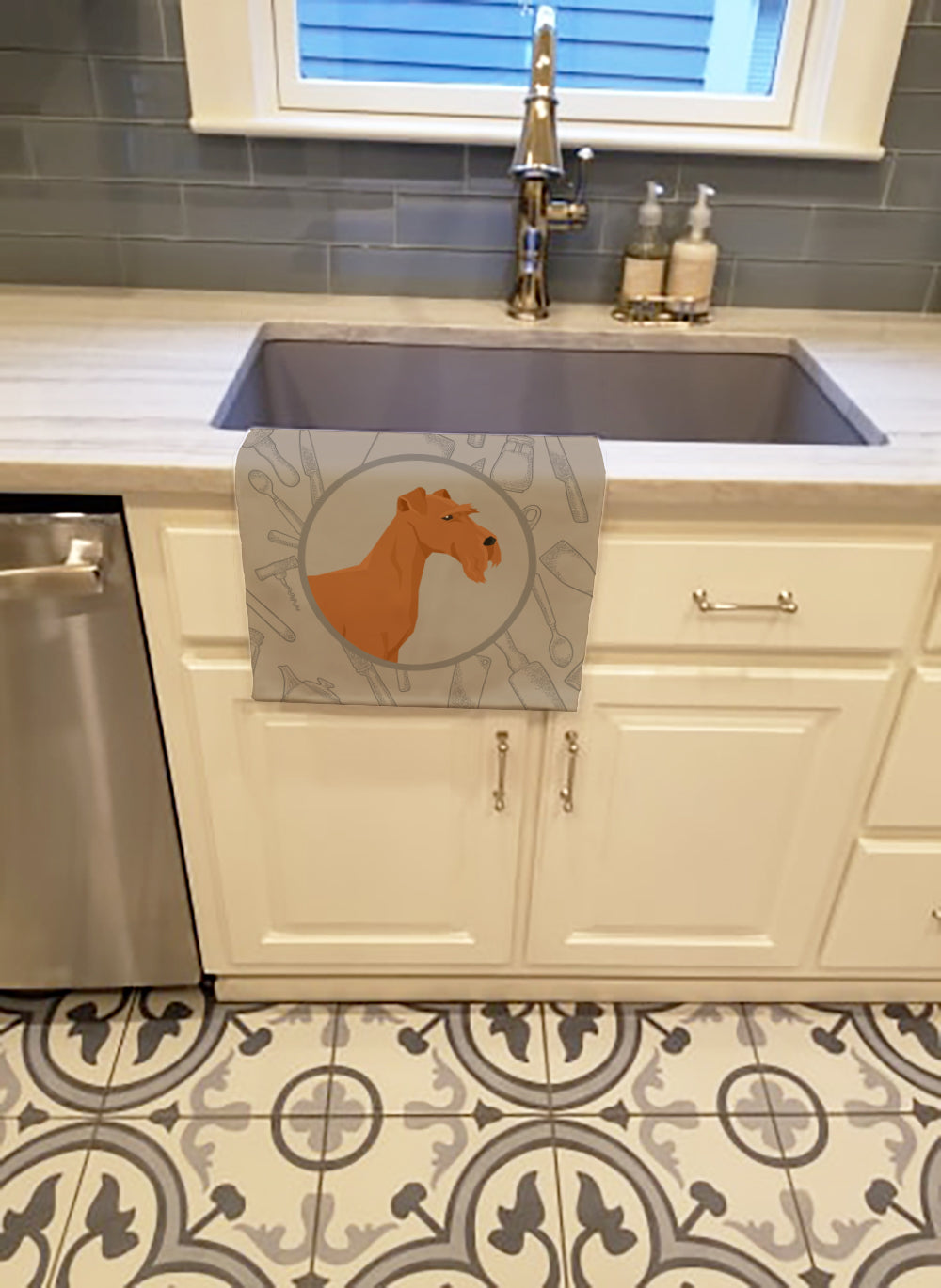 Irish Terrier In the Kitchen Kitchen Towel Velour Plush Front and Cotton Loop Back Machine Washable