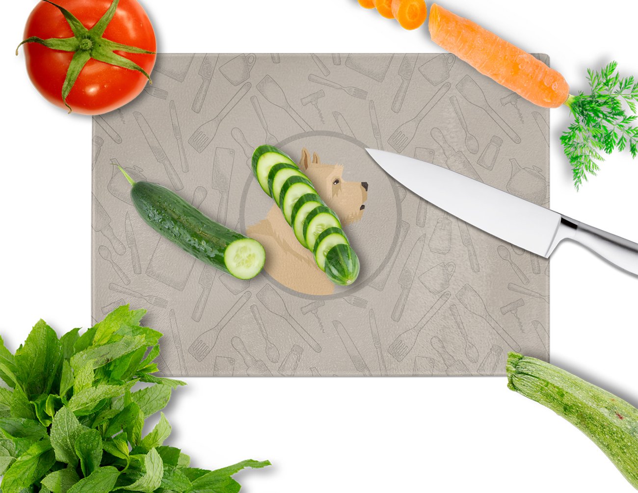Norwich Terrier In the Kitchen Cutting Board Tempered Glass Kitchen Cutting Surface, Heat Resistant Chopping, Non-Slip Feet, Food Prep & Serving
