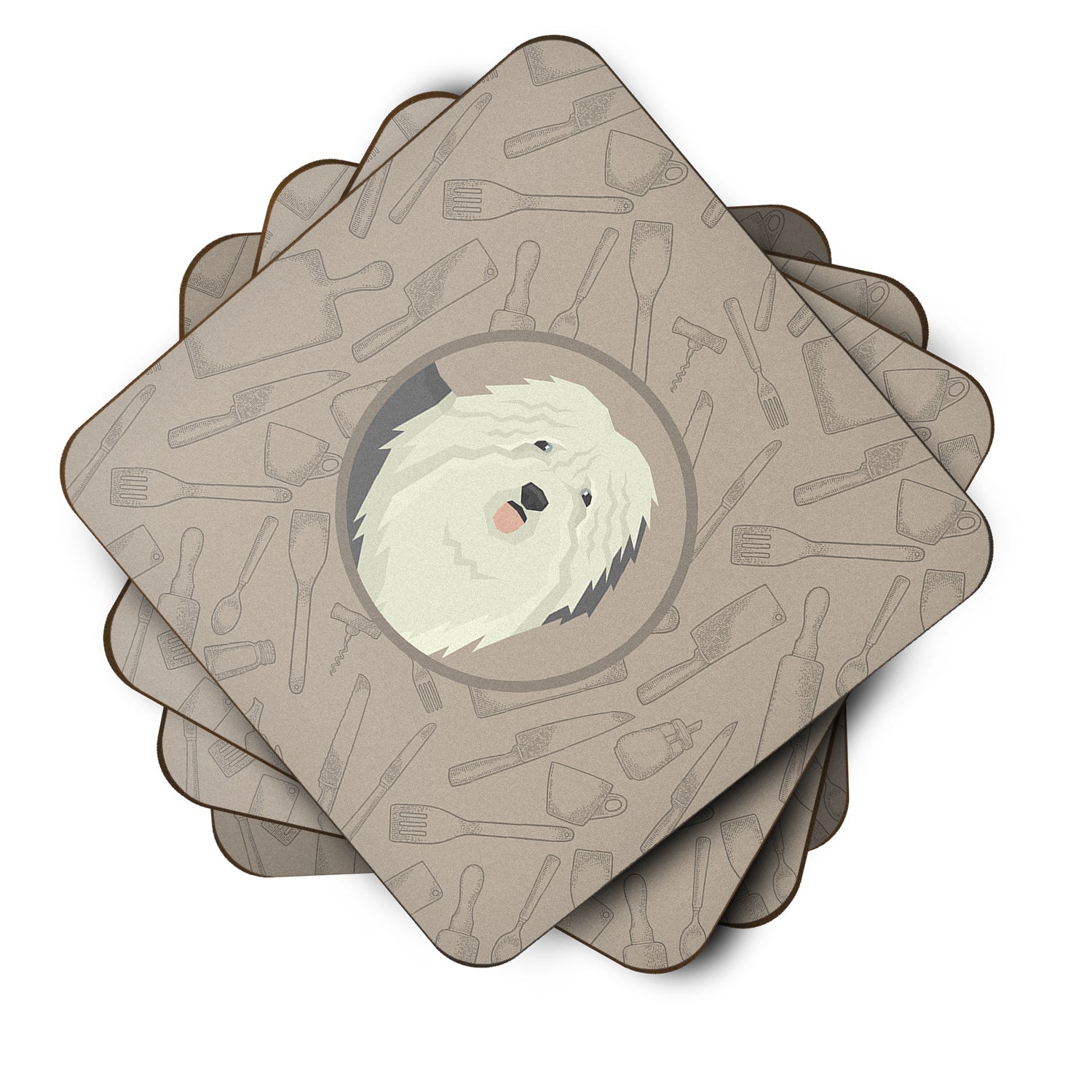 Old English Sheepdog In the Kitchen Foam Coasters Set of 4 Cup Coasters for Indoor Outdoor, Tabletop Protection, Anti Slip, Mouse pad Material