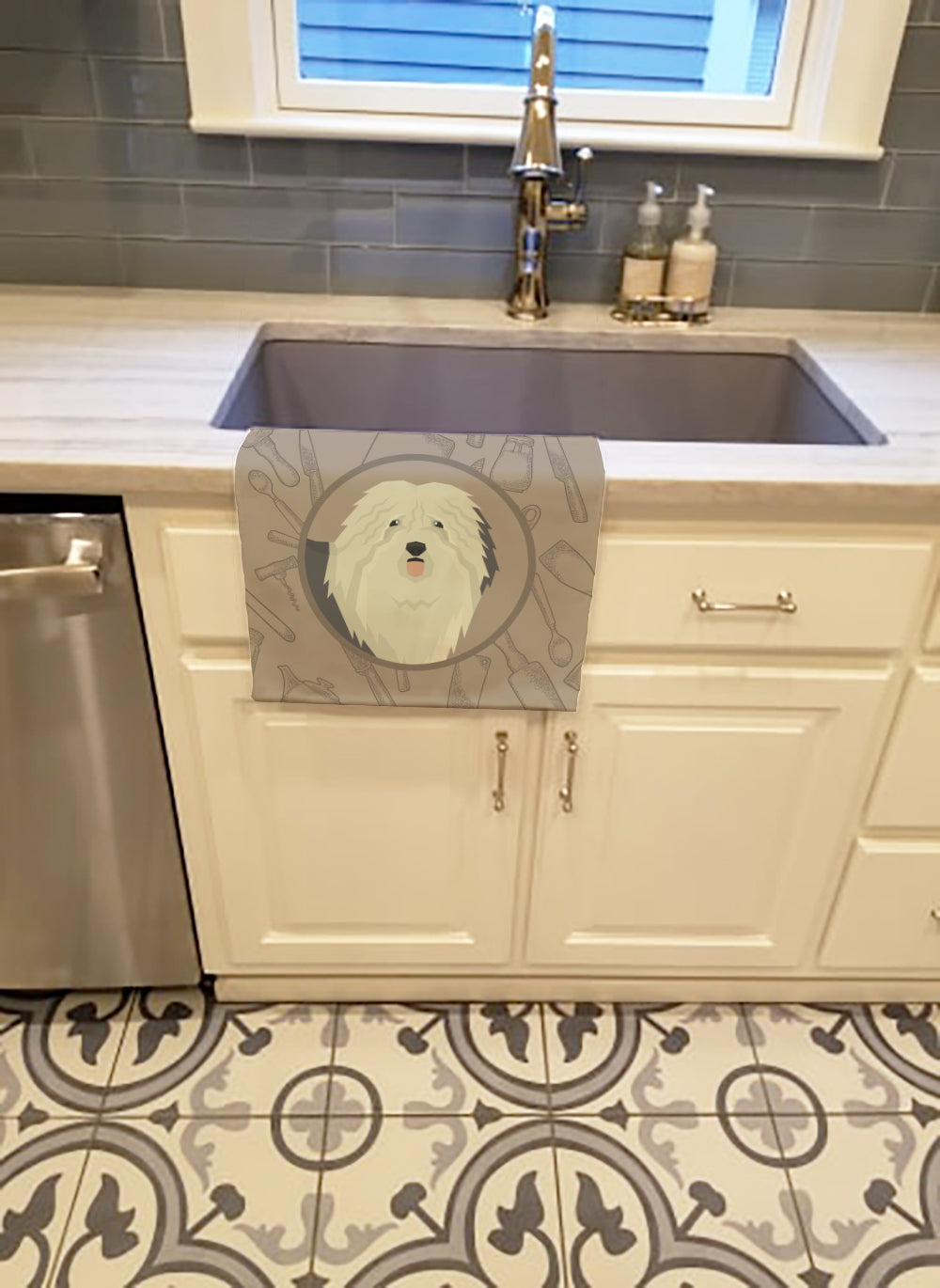 Old English Sheepdog In the Kitchen Kitchen Towel Velour Plush Front and Cotton Loop Back Machine Washable
