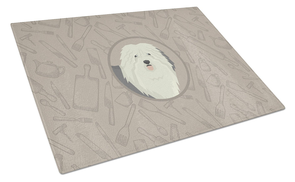 Old English Sheepdog In the Kitchen Cutting Board Tempered Glass Kitchen Cutting Surface, Heat Resistant Chopping, Non-Slip Feet, Food Prep & Serving