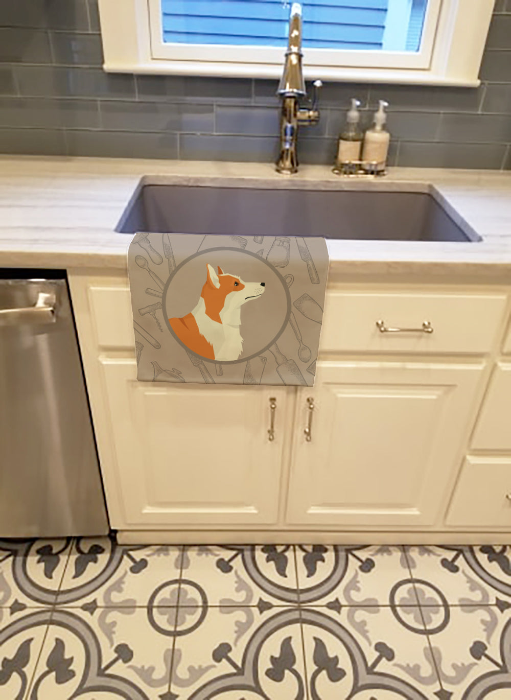 Pembroke Corgi In the Kitchen Kitchen Towel Velour Plush Front and Cotton Loop Back Machine Washable
