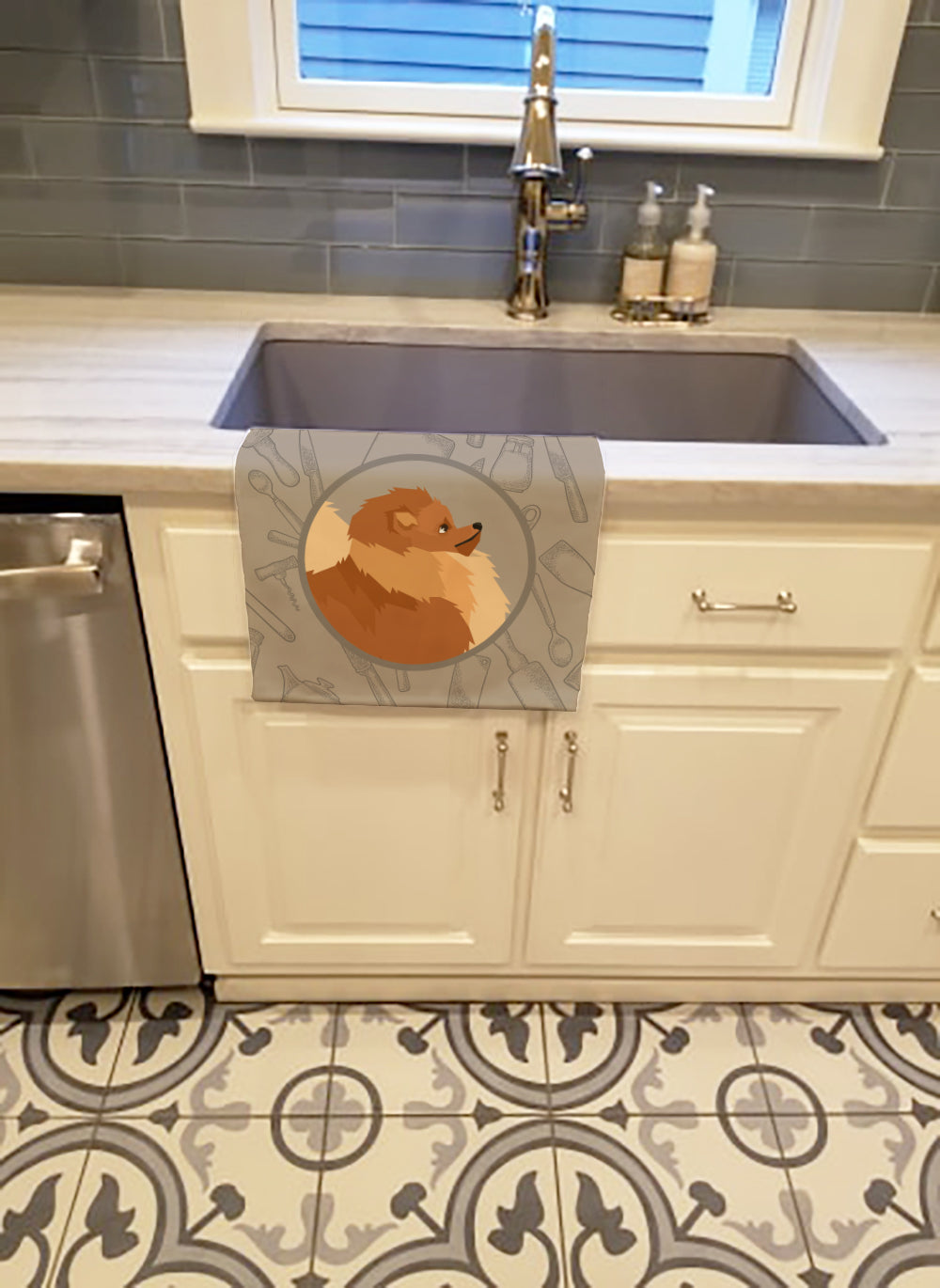 Pomeranian In the Kitchen Kitchen Towel Velour Plush Front and Cotton Loop Back Machine Washable