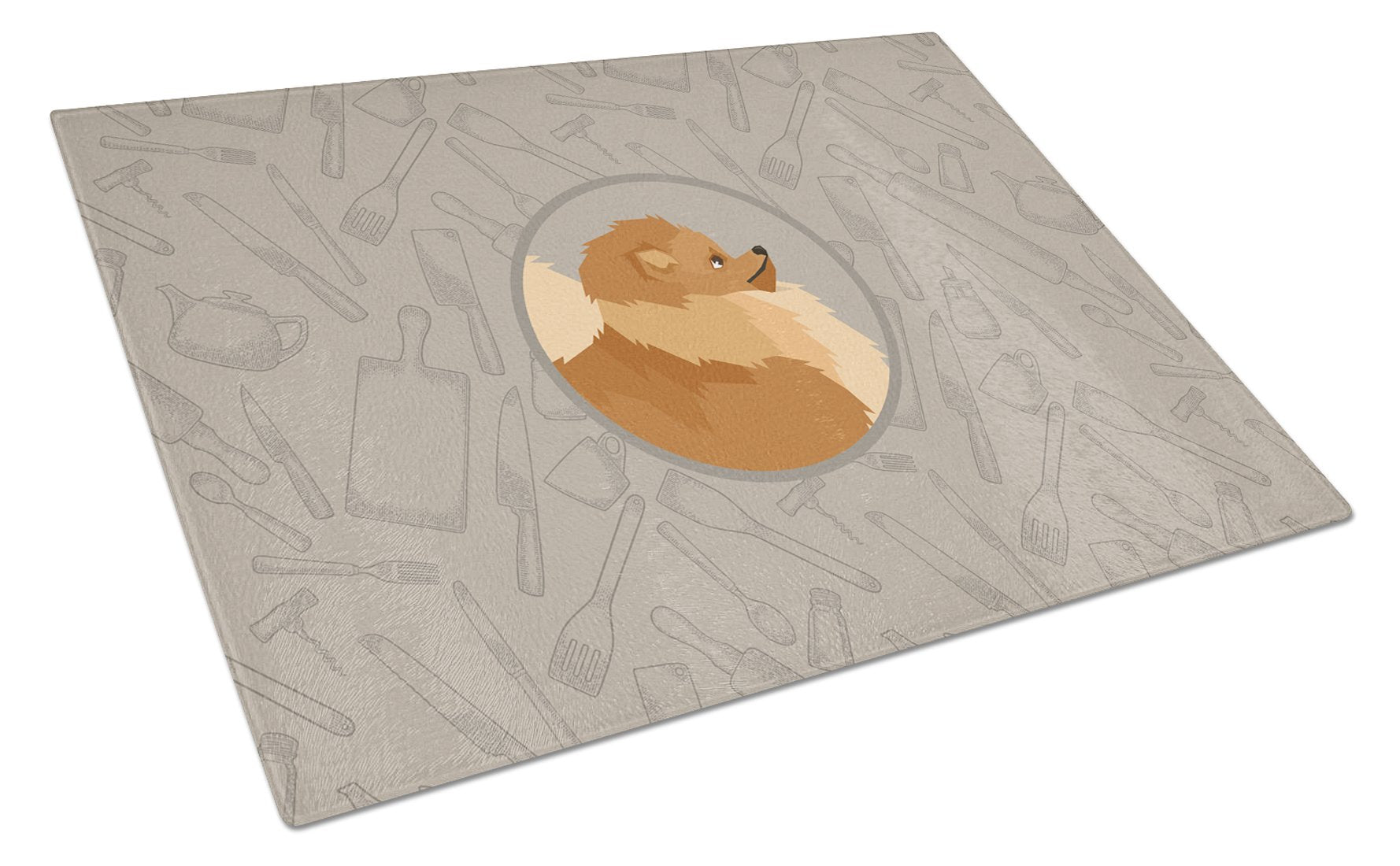 Pomeranian In the Kitchen Cutting Board Tempered Glass Kitchen Cutting Surface, Heat Resistant Chopping, Non-Slip Feet, Food Prep & Serving