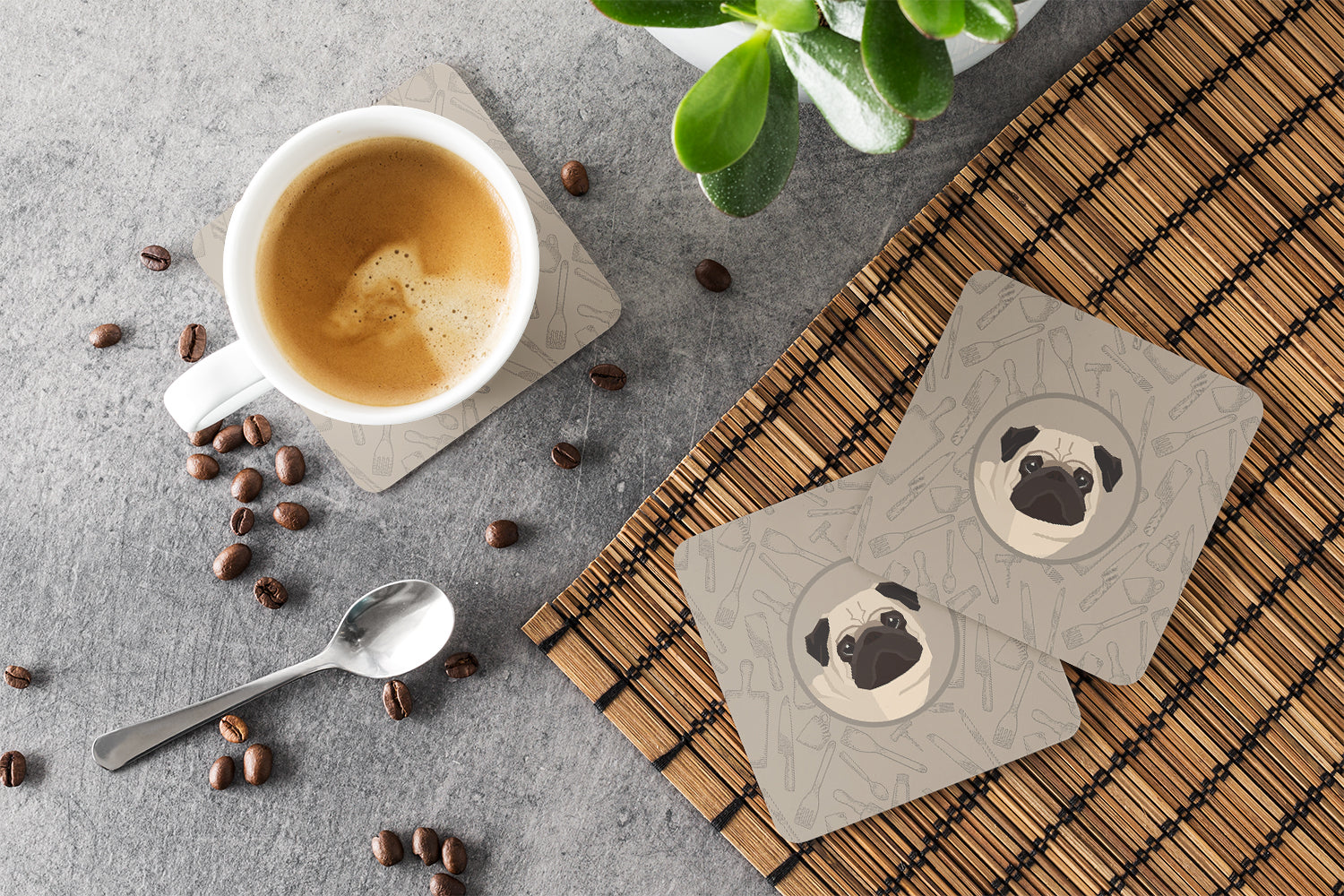 Pug In the Kitchen Foam Coasters Set of 4 Cup Coasters for Indoor Outdoor, Tabletop Protection, Anti Slip, Mouse pad Material