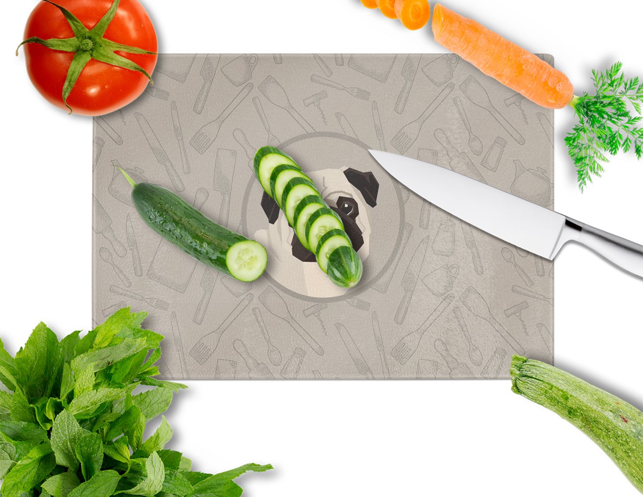 Pug In the Kitchen Cutting Board Tempered Glass Kitchen Cutting Surface, Heat Resistant Chopping, Non-Slip Feet, Food Prep & Serving