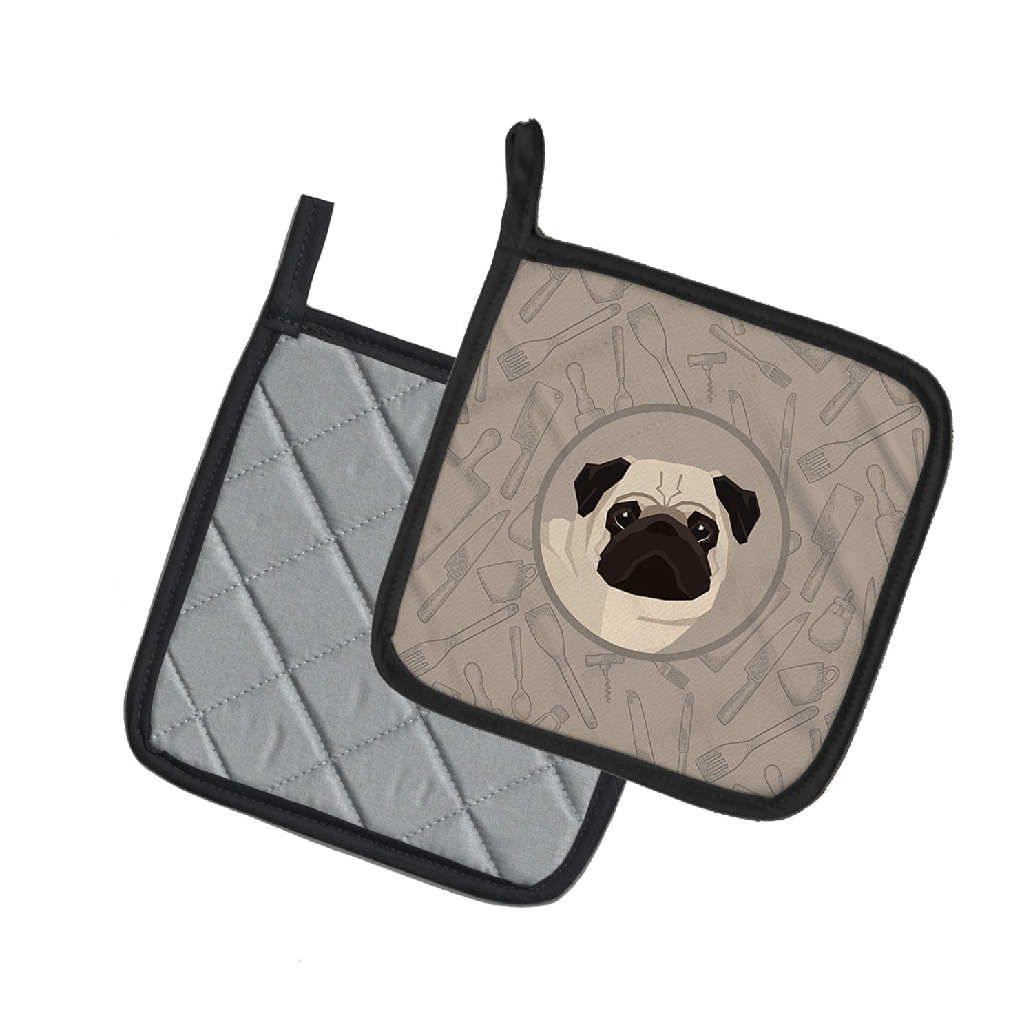 Pug In the Kitchen Pot Holder Set of 2 Heat Resistant Quilted Hot Pads 7.5 x 7.5 Inch, Insulated Kitchen Trivets for Cooking & Baking