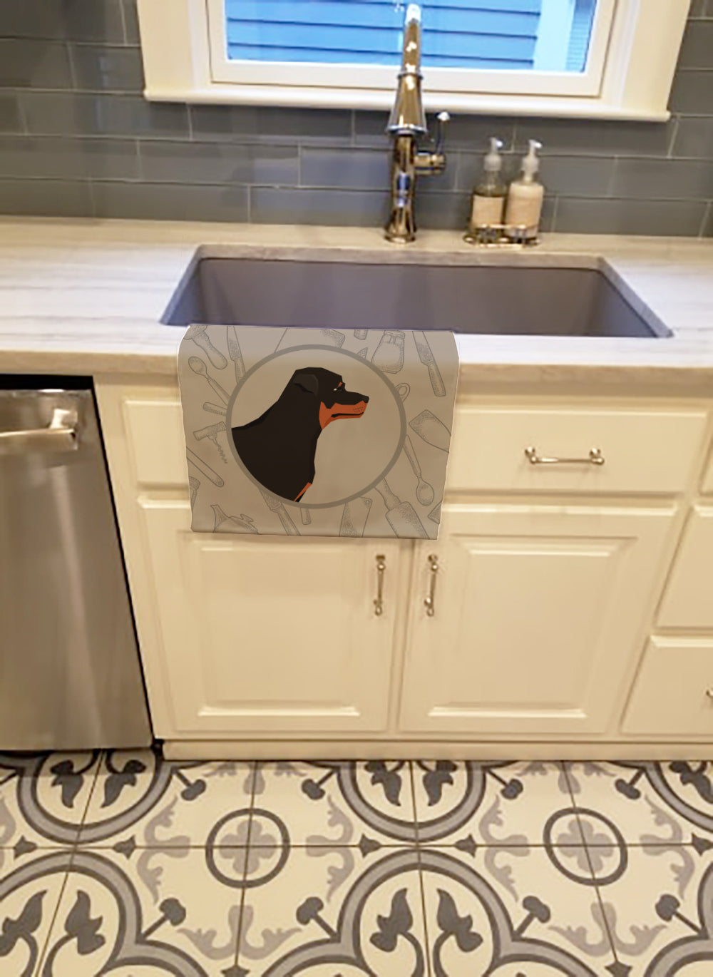 Rottweiler In the Kitchen Kitchen Towel Velour Plush Front and Cotton Loop Back Machine Washable