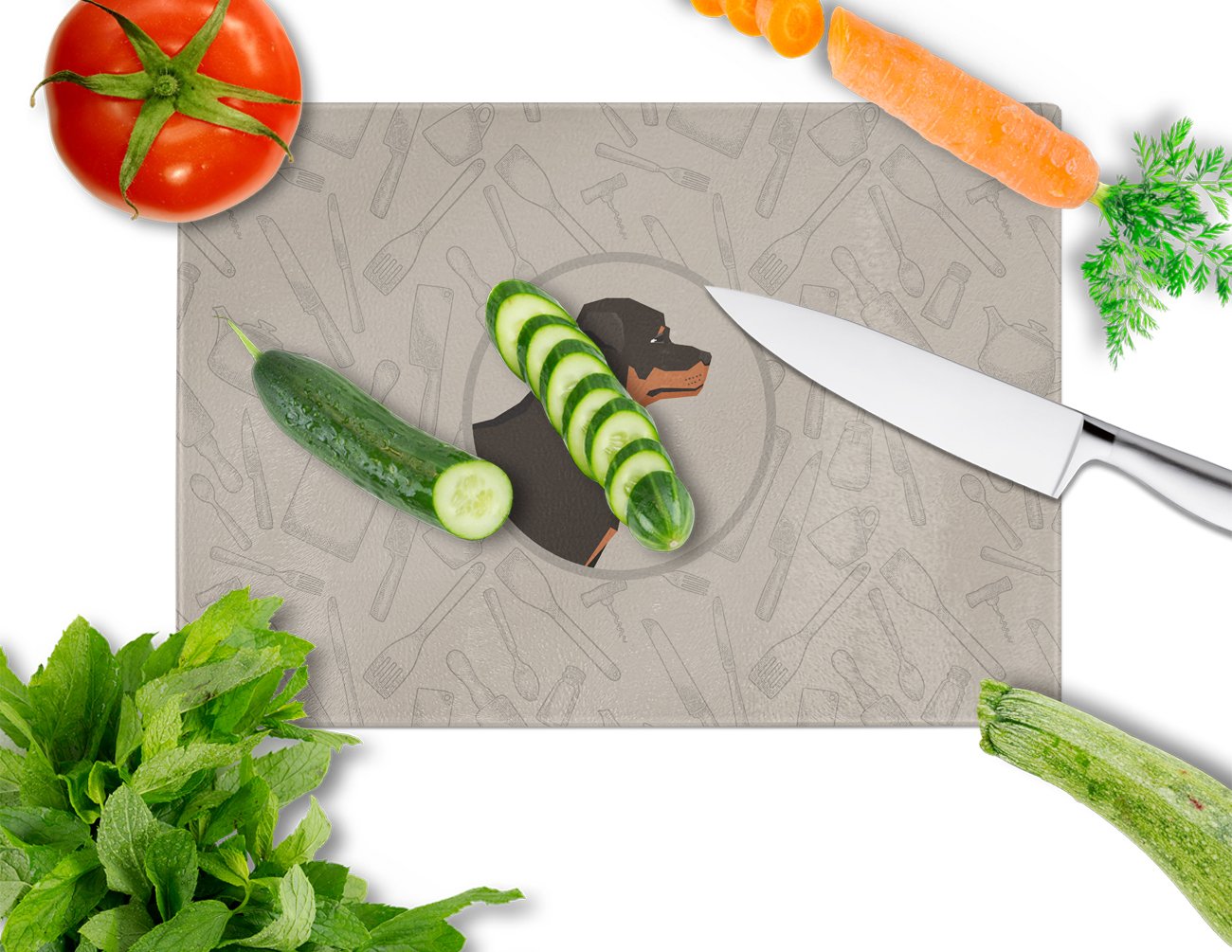 Rottweiler In the Kitchen Cutting Board Tempered Glass Kitchen Cutting Surface, Heat Resistant Chopping, Non-Slip Feet, Food Prep & Serving