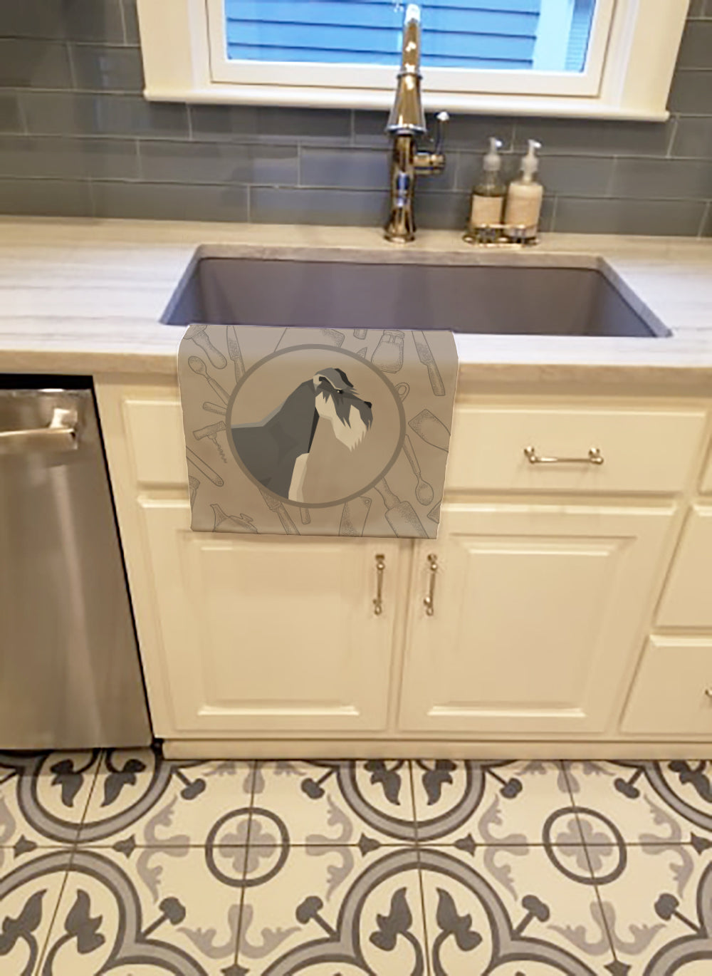 Schnauzer In the Kitchen Kitchen Towel Velour Plush Front and Cotton Loop Back Machine Washable