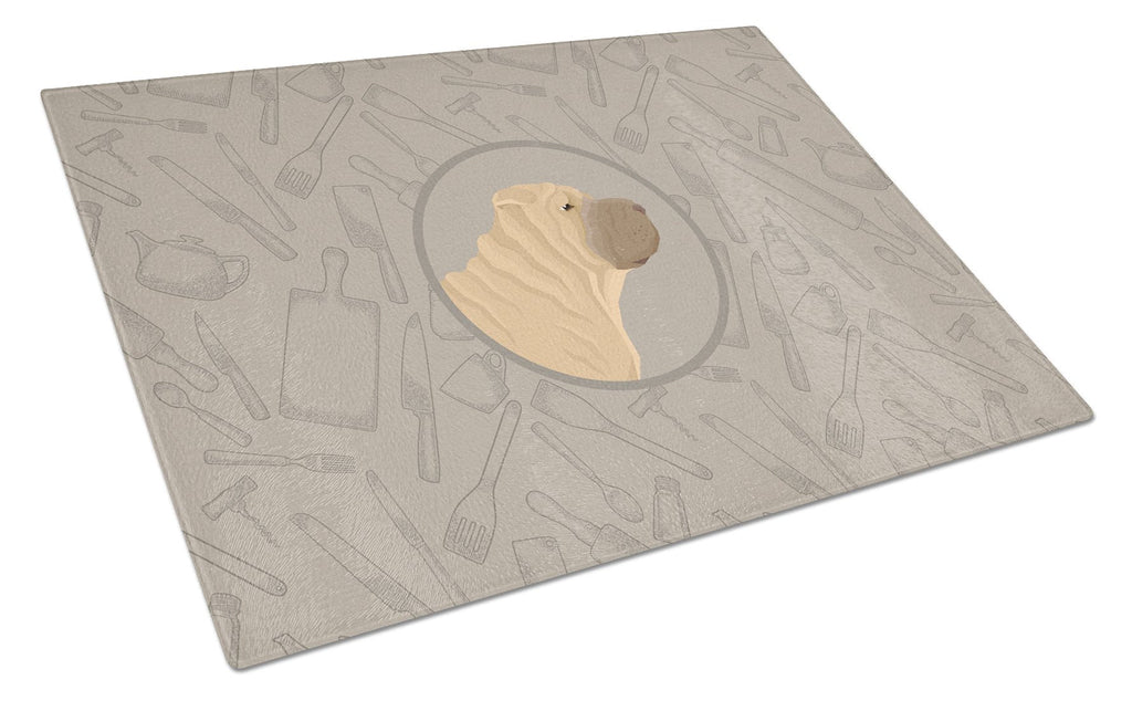 Shar Pei In the Kitchen Cutting Board Tempered Glass Kitchen Cutting Surface, Heat Resistant Chopping, Non-Slip Feet, Food Prep & Serving