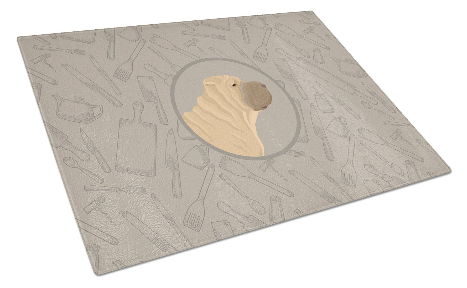 Shar Pei In the Kitchen Cutting Board Tempered Glass Kitchen Cutting Surface, Heat Resistant Chopping, Non-Slip Feet, Food Prep & Serving