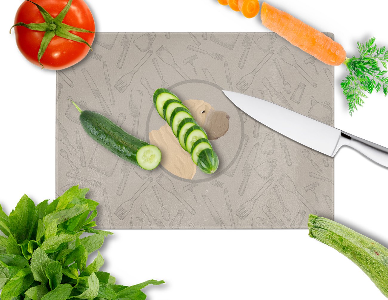 Shar Pei In the Kitchen Cutting Board Tempered Glass Kitchen Cutting Surface, Heat Resistant Chopping, Non-Slip Feet, Food Prep & Serving