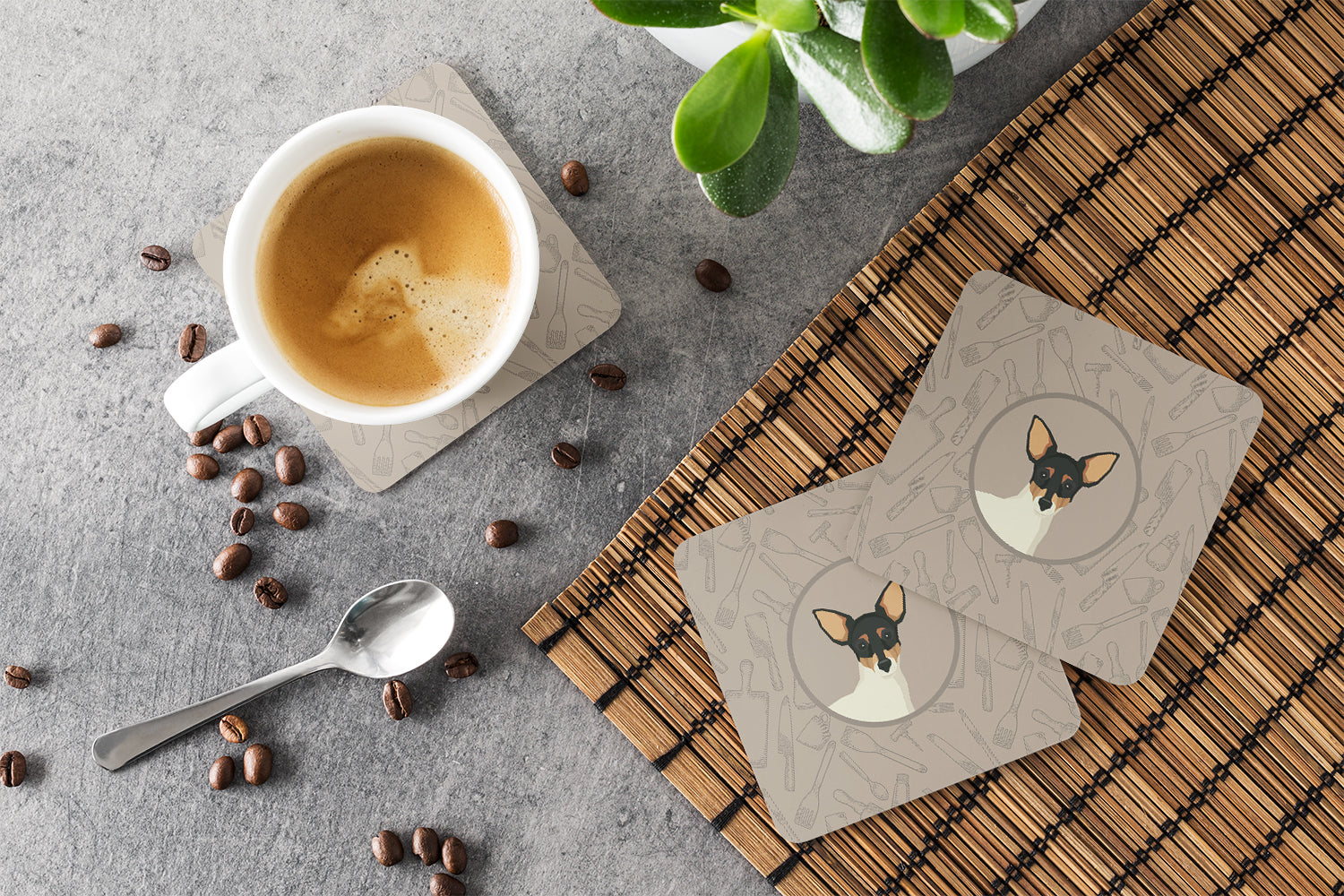 Toy Fox Terrier In the Kitchen Foam Coasters Set of 4 Cup Coasters for Indoor Outdoor, Tabletop Protection, Anti Slip, Mouse pad Material