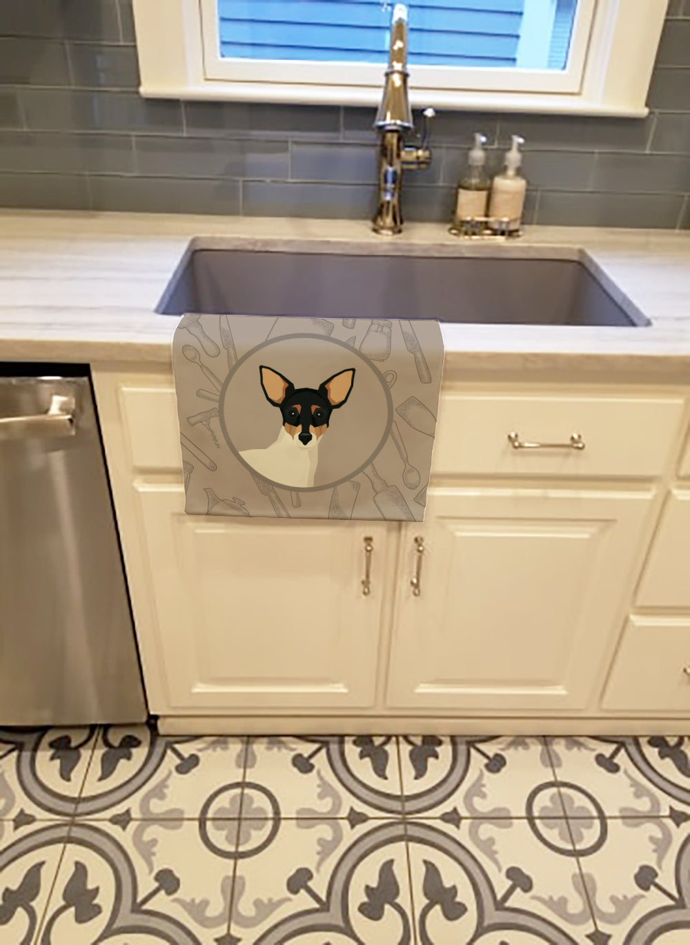 Toy Fox Terrier In the Kitchen Kitchen Towel Velour Plush Front and Cotton Loop Back Machine Washable