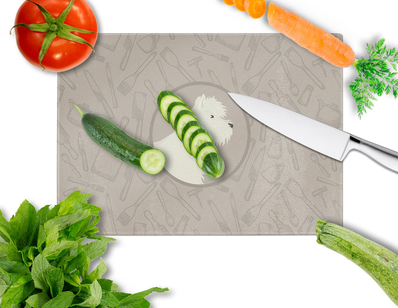 Westie In the Kitchen Cutting Board Tempered Glass Kitchen Cutting Surface, Heat Resistant Chopping, Non-Slip Feet, Food Prep & Serving