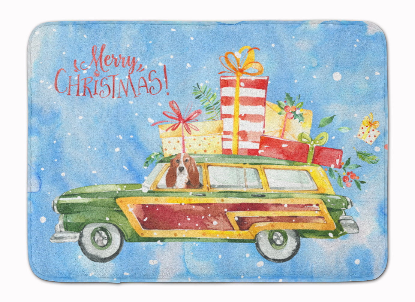 Merry Christmas Basset Hound Memory Foam Kitchen Mat Machine Washable Anti-Fatigue Cushion Comfort Bath or Kitchen Rug