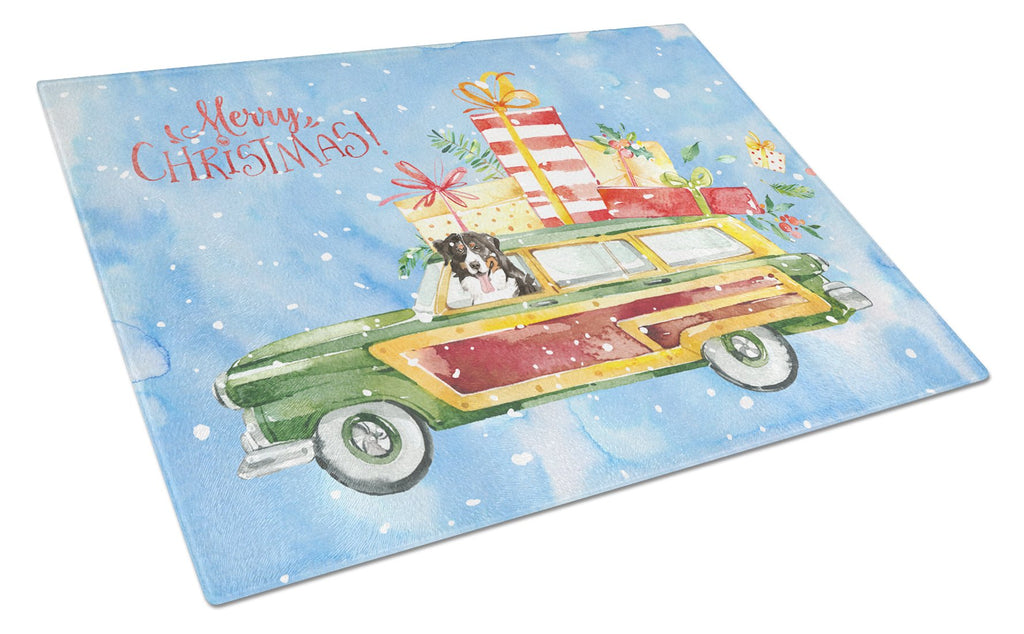 Merry Christmas Bernese Mountain Dog Cutting Board Tempered Glass Kitchen Cutting Surface, Heat Resistant Chopping, Non-Slip Feet, Food Prep & Serving